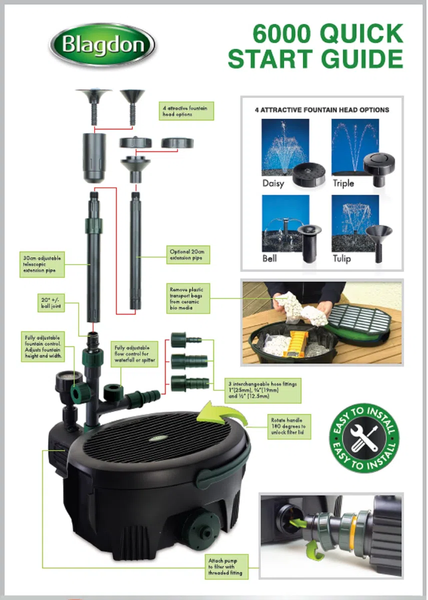 Blagdon Soluzione Inpond 5 in 1 6000 Easy Care per laghetto, pompa e filtro da 26,5 W con chiarificatore UV per il controllo delle alghe e l'acqua pulita, luce a LED, 3 teste di fontana, per laghetti fino a 6.000 l, nero