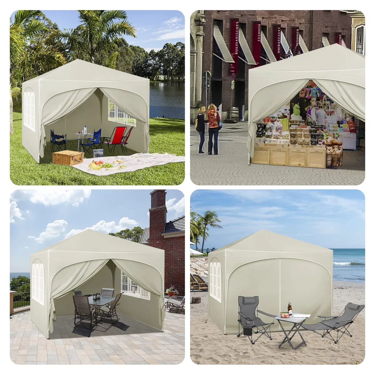 WOLTU Gazebo Pieghevole da Giardino, Gazebo Idrorepellente Pop Up da 3x3m Pannelli Laterali, Tendone Esterno, Altezza Regolabile, Protezione UV, con Custodia Beige