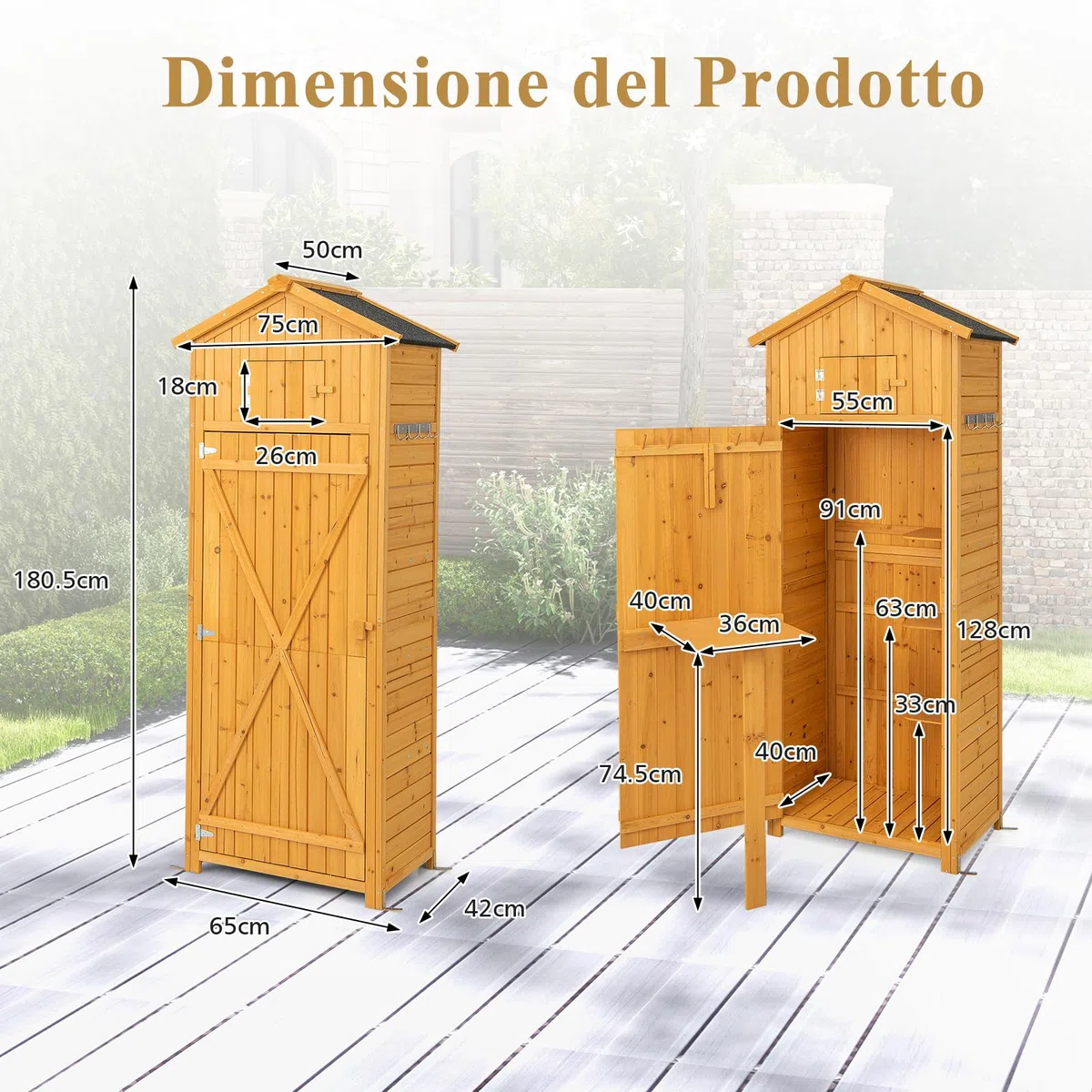 RELAX4LIFE Armadio da Esterno in Legno Massello Verniciato Giallo – Doppia Porta + Tavolino Pieghevole – Tetto in Asfalto Antipioggia – 65x42x180,5 cm – per Giardino, Patio e Cortile