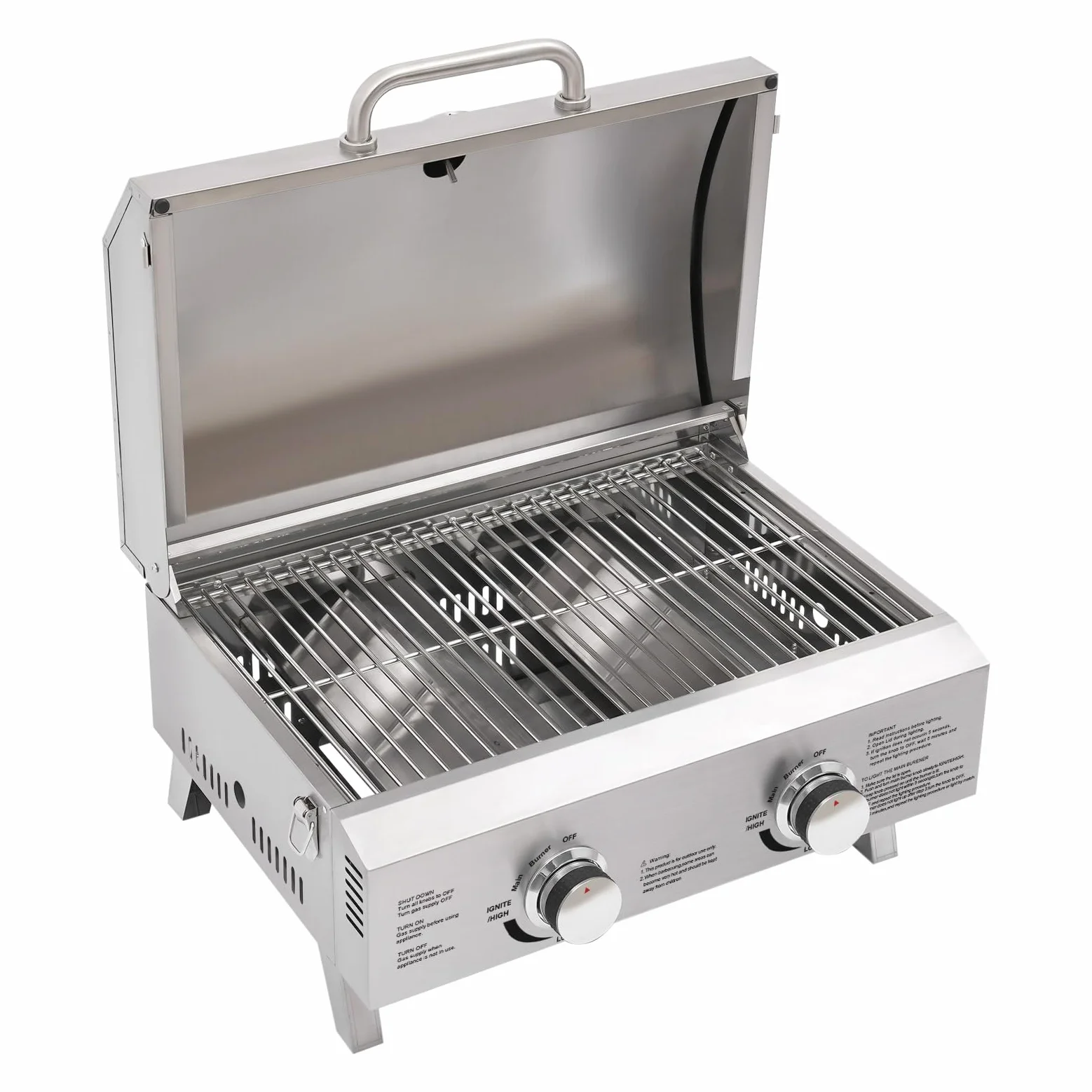 Barbecue a gas portatile in acciaio inox, 2 bruciatori in acciaio inox, 55,8 x 45 x 38 cm, per campeggio, giardino