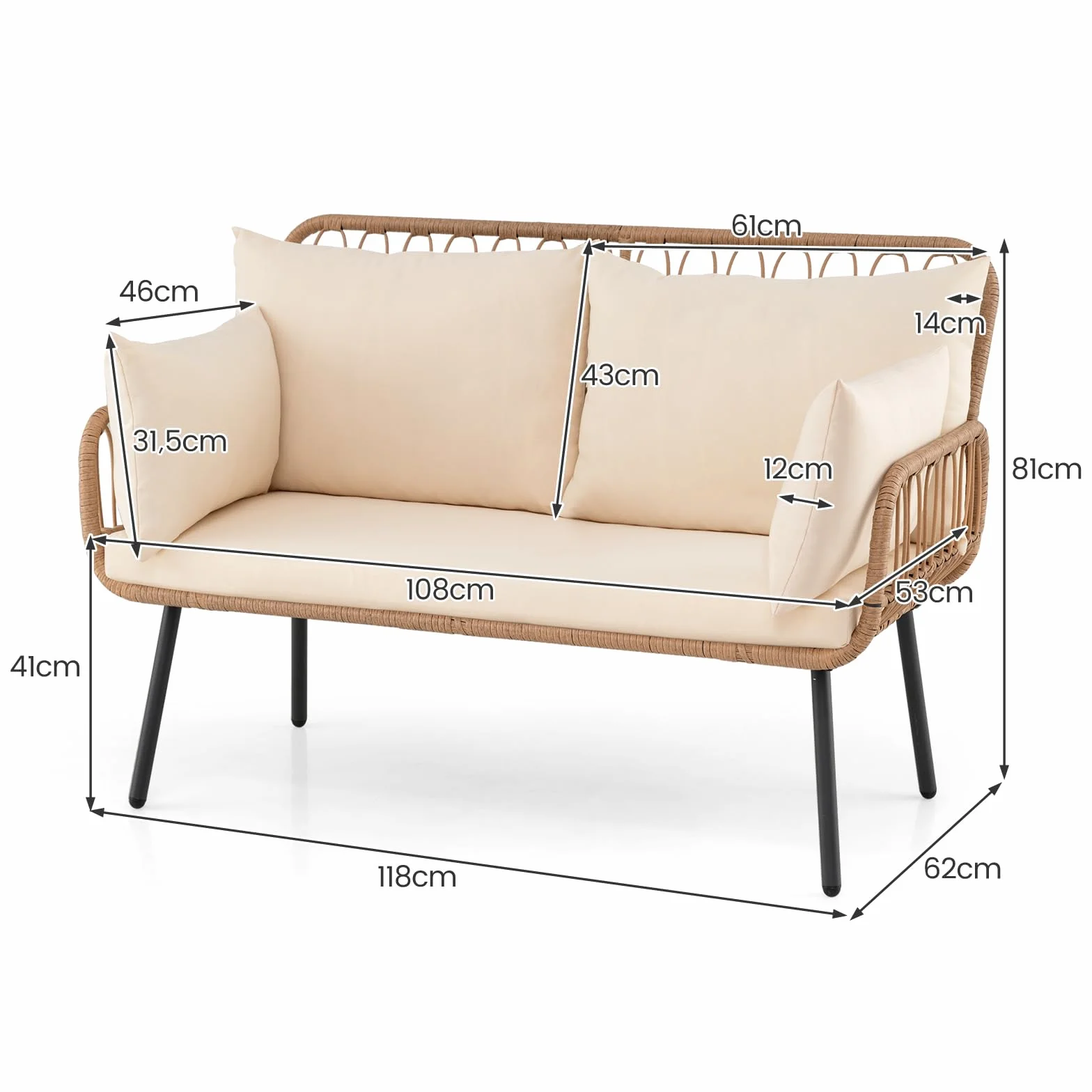 SOARS Divano Esterno a 2 Posti in Rattan PE, Divanetto da Giardino con Cuscini, Struttura Metallica, Piedini Regolabili, Salotto Ergonomico per Terrazzo e Patio, Portata 300 KG, 118 X 62 X 81 CM