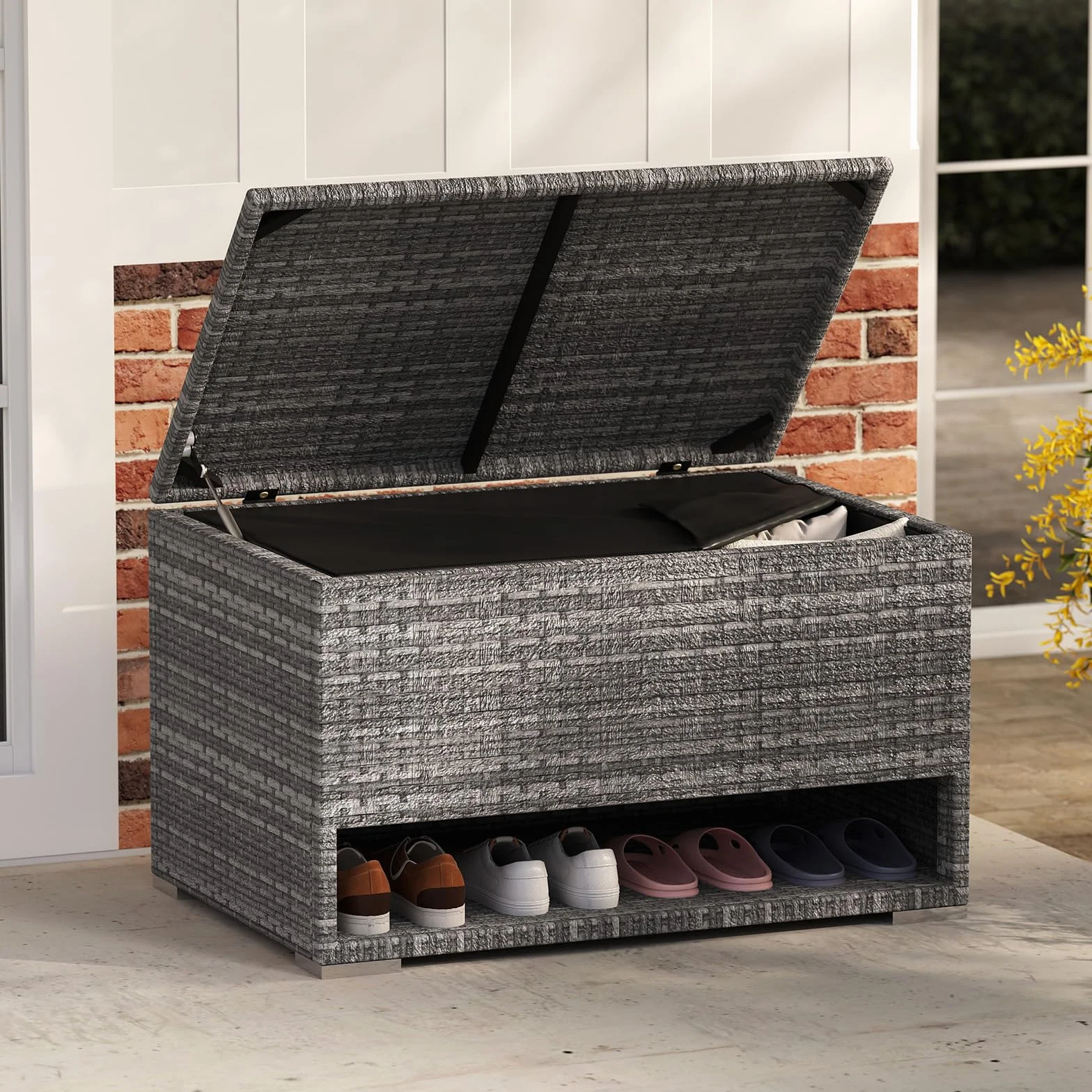 COSTWAY Baule da Giardino 186 L, Panca Contenitore in Rattan con Scarpiera, Rivestimento Protettivo, Organizzatore per Cuscini, Accessori Piscina, Attrezzi da Giardino (Grigio)