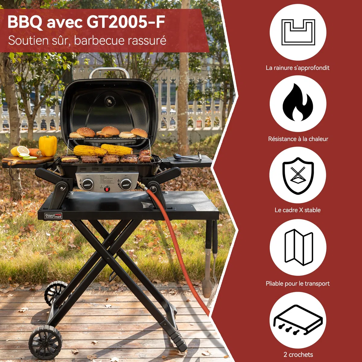 Royal Gourmet GT2201C-E Carrello Pieghevole per Barbecue Portatile, Carrello Pieghevole per Piastra con 2 Ganci per Serie GT2005-F, Adatto per Il Campeggio, Piano del Tavolo, 79 x 46,8 cm