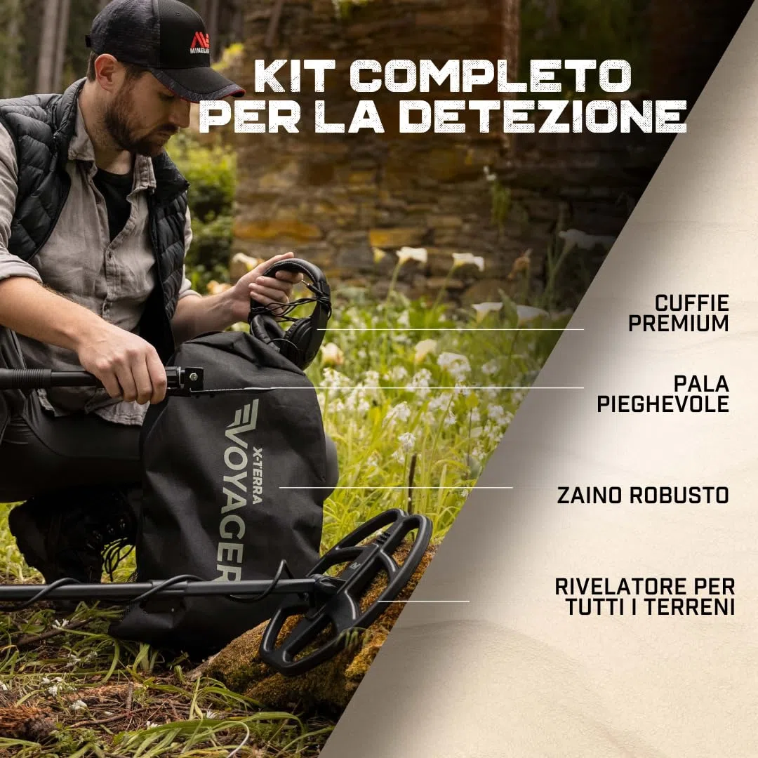 Minelab X-Terra Voyager All-Terrain Professional Pinpointing Metal Detector per Adulti con Bobina Impermeabile, 4 Modalità di Rilevamento (Kit Completo con Cuffie, Zaino, Pala Profonda)