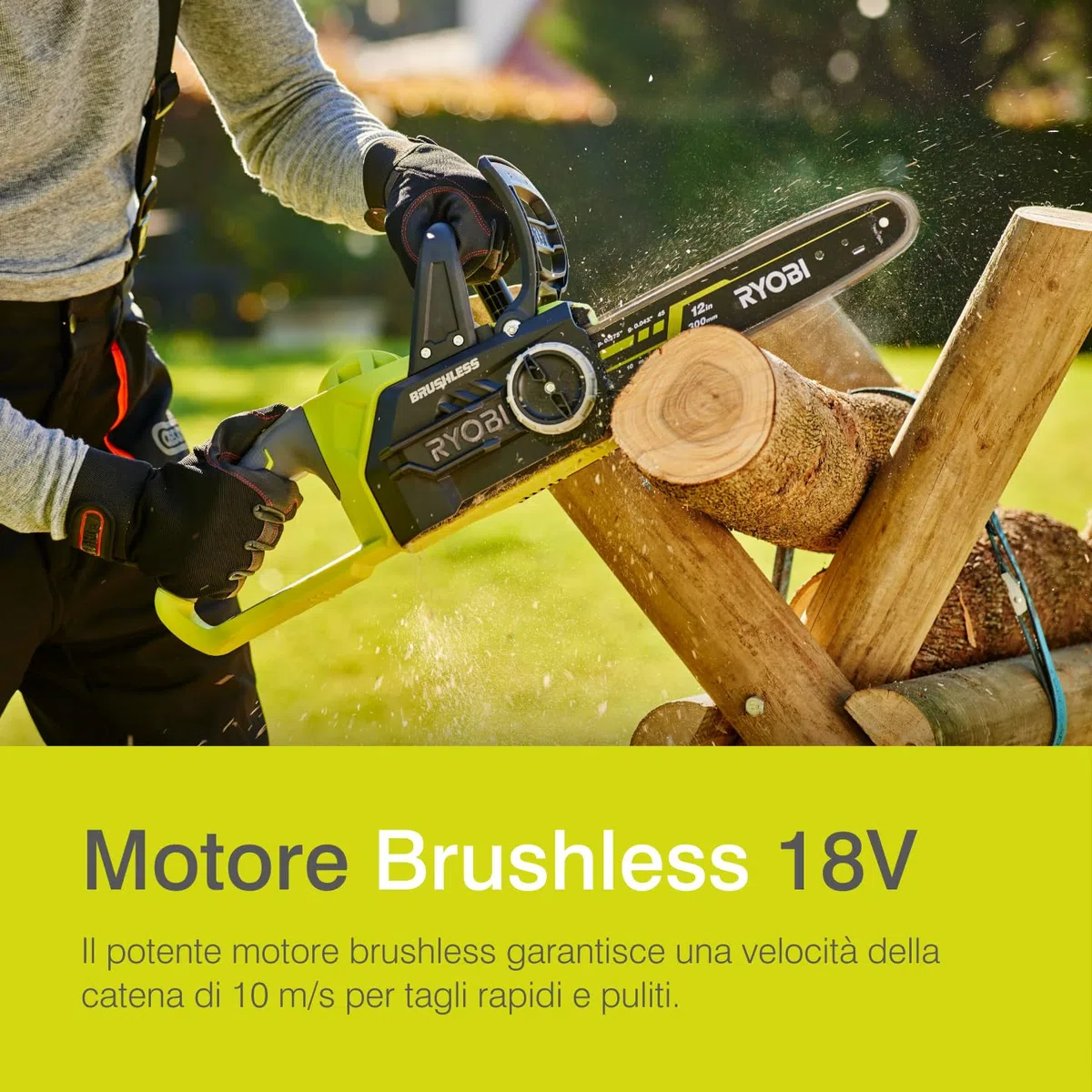 Ryobi OCS1830 Elettrosega Brushless A Batteria 18V ONE+, Impugnatura Ergonomica, Freno Catena Automatico, Batteria Non Inclusa, Barra 30 Cm, Velocità Catena 10m/s