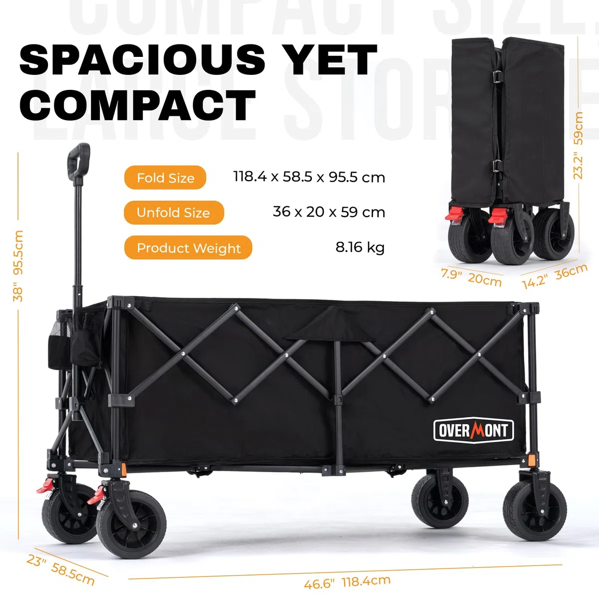 Overmont Carrello Pieghevole XXL 118 cm - 270 L Grande Capacità, Portata fino a 200 kg - Carrello Robusto con Ruote Tutto Terreno, Modello Allungato - per Spiaggia, Giardino e Shopping