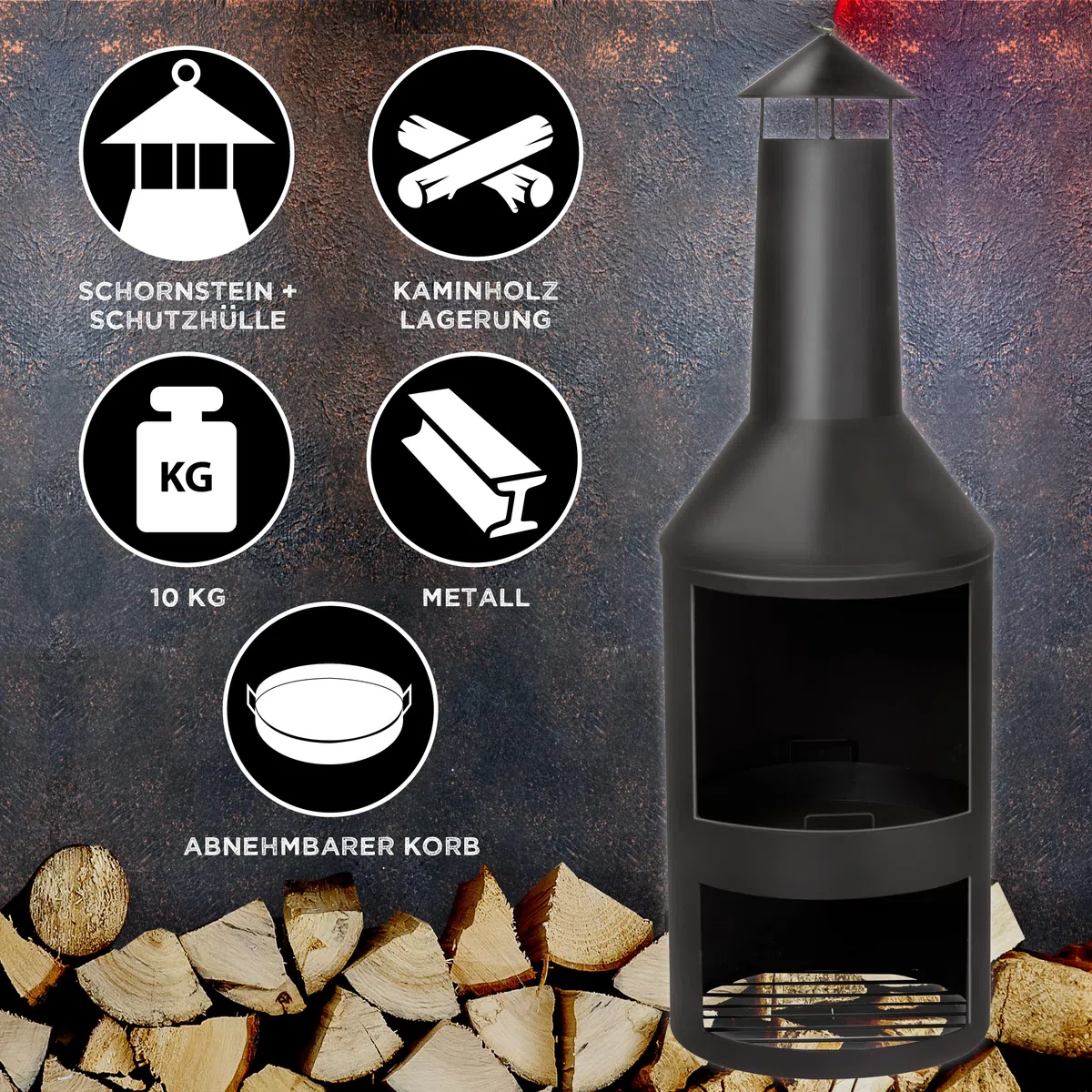 BBQ Collection Stufa da terrazza con camino – Braciere 44,5 x 44,5 x 134 cm – Camino da giardino per legna da ardere – Stufa da giardino con parascintille e ripiano in legno – stufa per terrazza