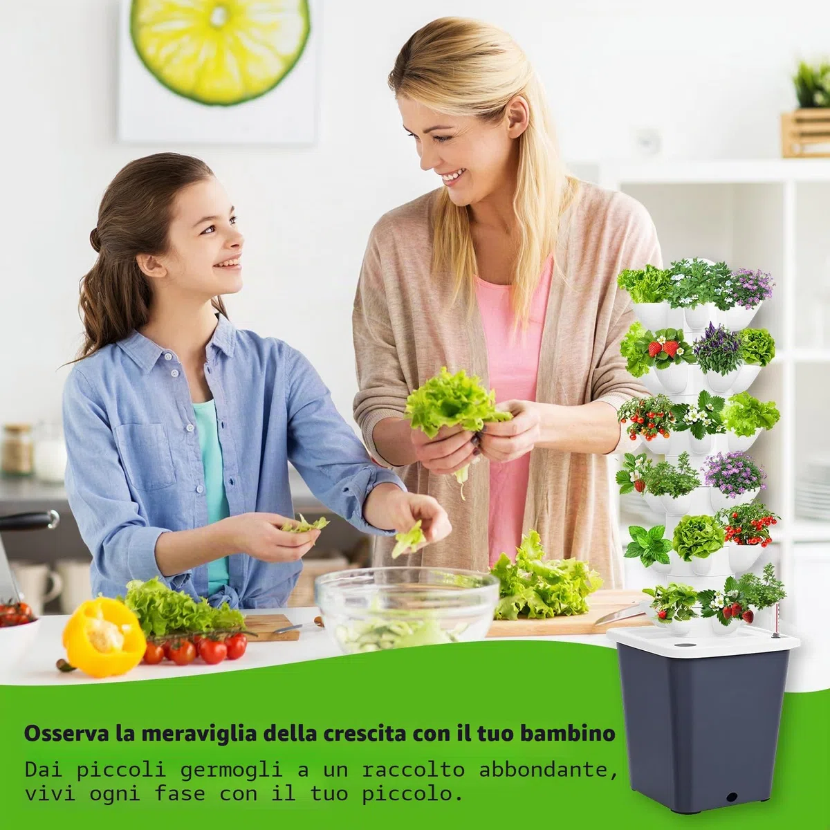 Sistema di coltivazione idroponica 30 baccelli Giardino a torre idroponica per erbe, frutta e verdure da interno, kit di coltivazione aeroponica con pompa idratante e serbatoio d'acqua mobile per gli