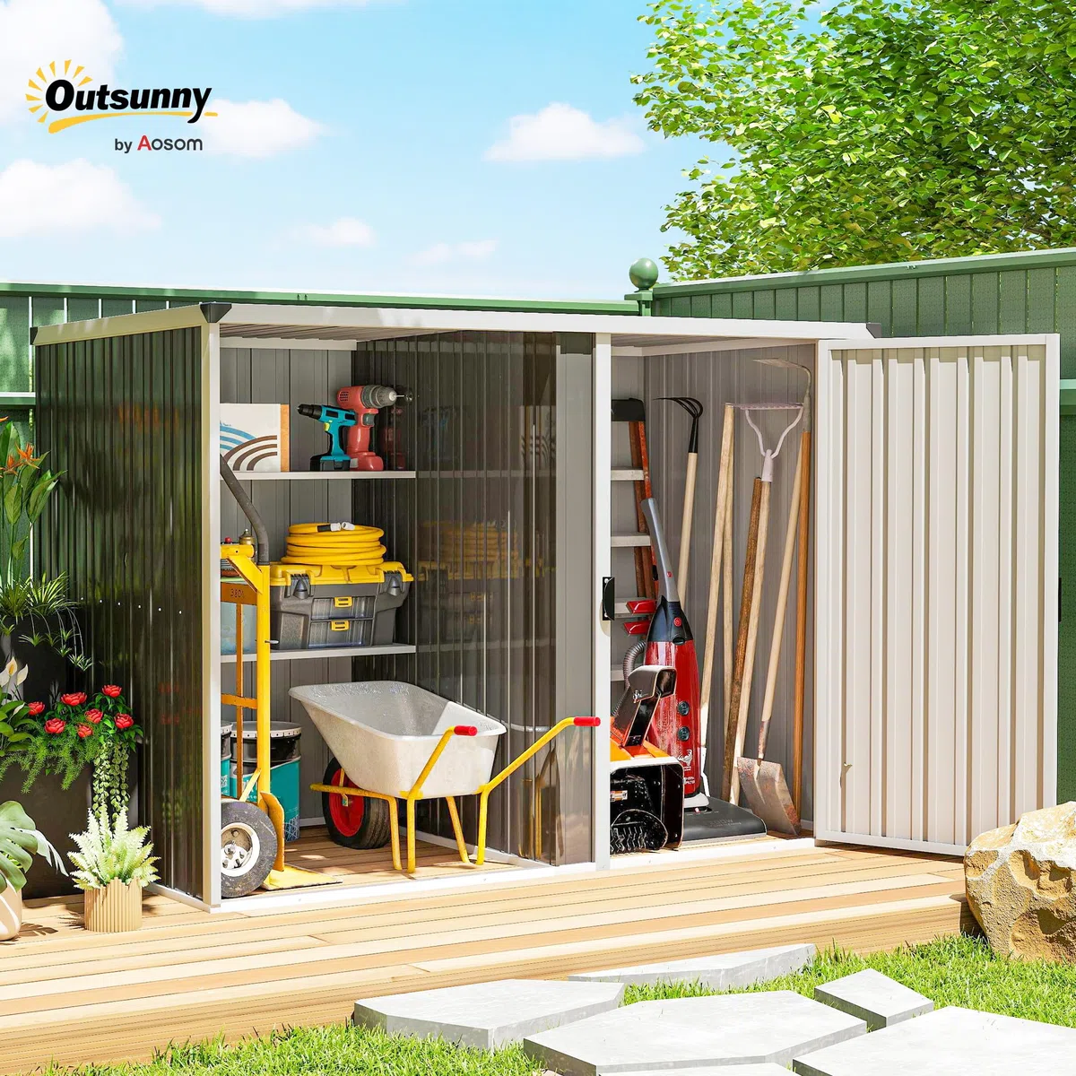Outsunny Casetta da Giardino 2.7m² in Acciaio Zincato Design Layout Diviso con 2 Ripiani, Capanno da Giardino Porta Attrezzi con Porta Bloccabile, Chiavi, Tetto Inclinato, Guanti, Grigio Scuro