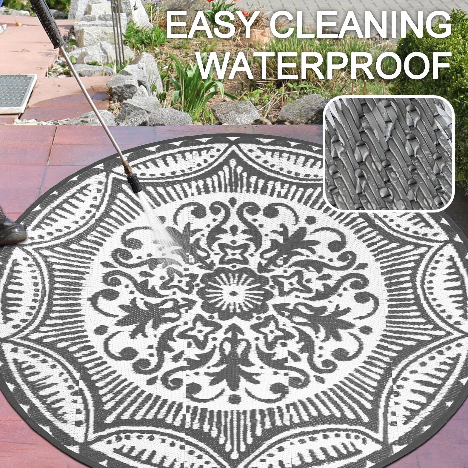 Capslpad Tappeto rotondo per esterni, diametro 150 cm, tappeto da balcone, in plastica, leggero, da picnic, per esterni, per balcone, picnic, campeggio, giardino, grigio