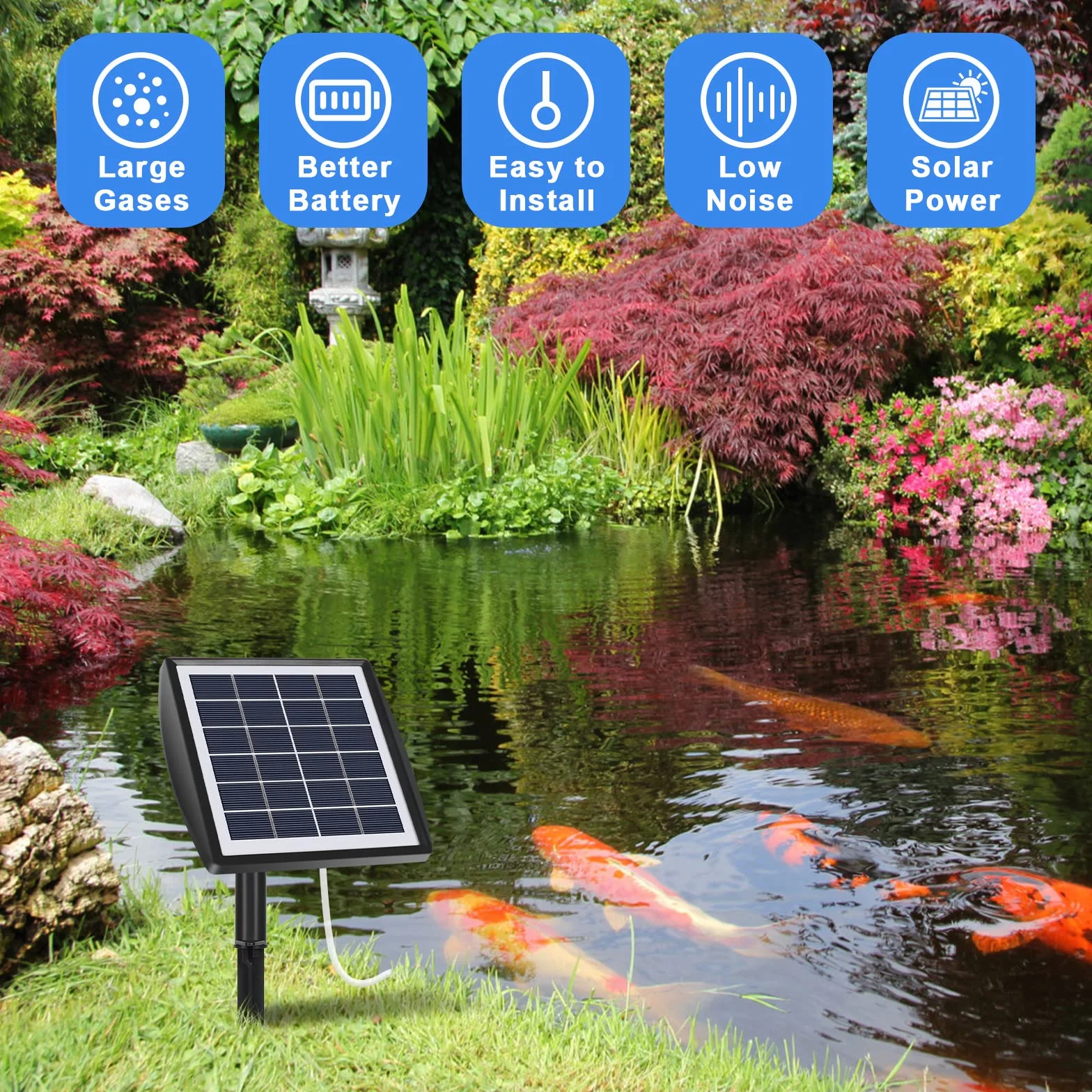 Pompa di Ossigeno Solare per Laghetto Aeratore 2W con Batteria 2200mAh, Ossigenatore per Acquario con Pietra Aerea e Tubo