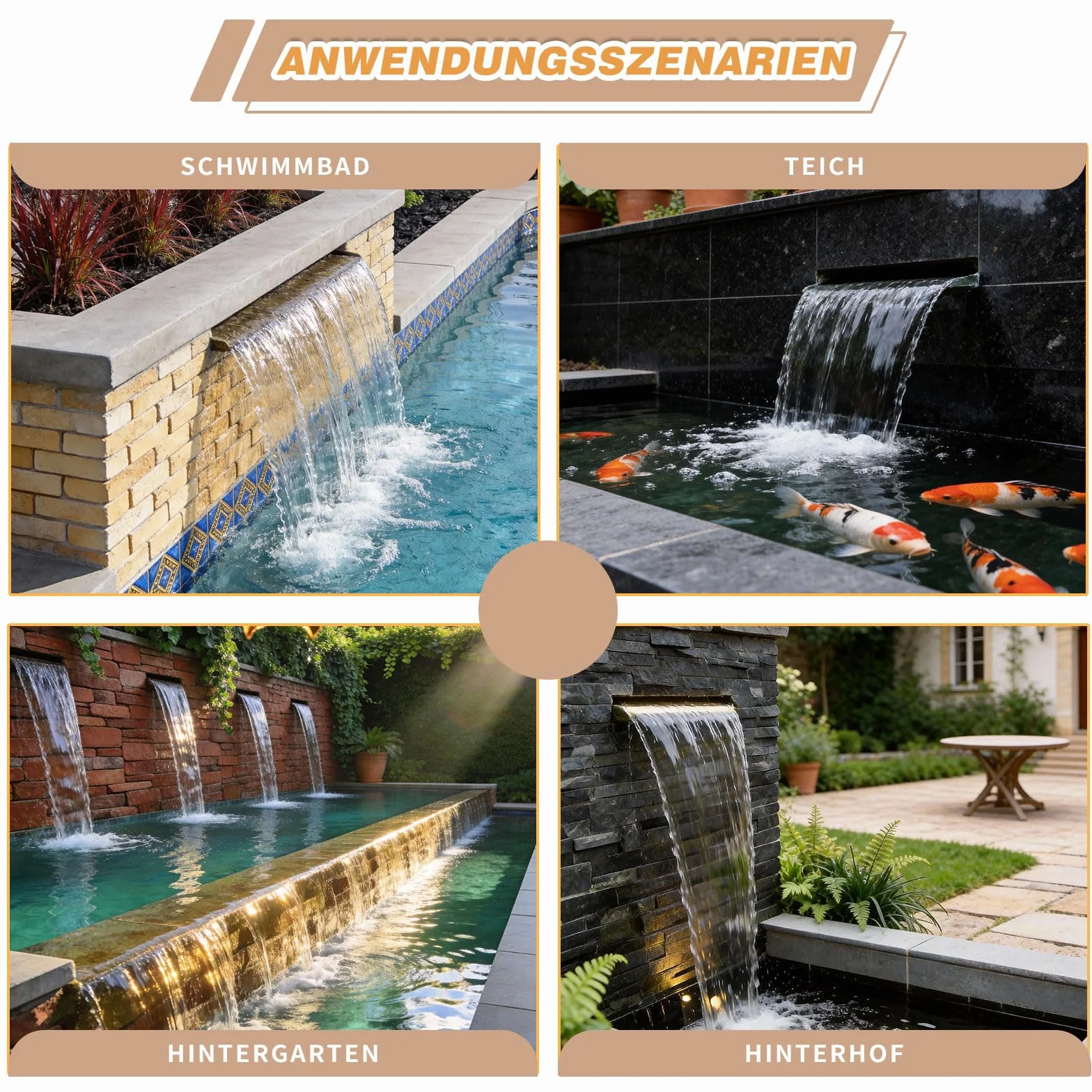 Kit con lama a cascata per laghetto, fontana da 30 cm in acciaio inox con coperchio e accessori, larghezza 20 cm, fontana a cascata per giardino, patio, stagno