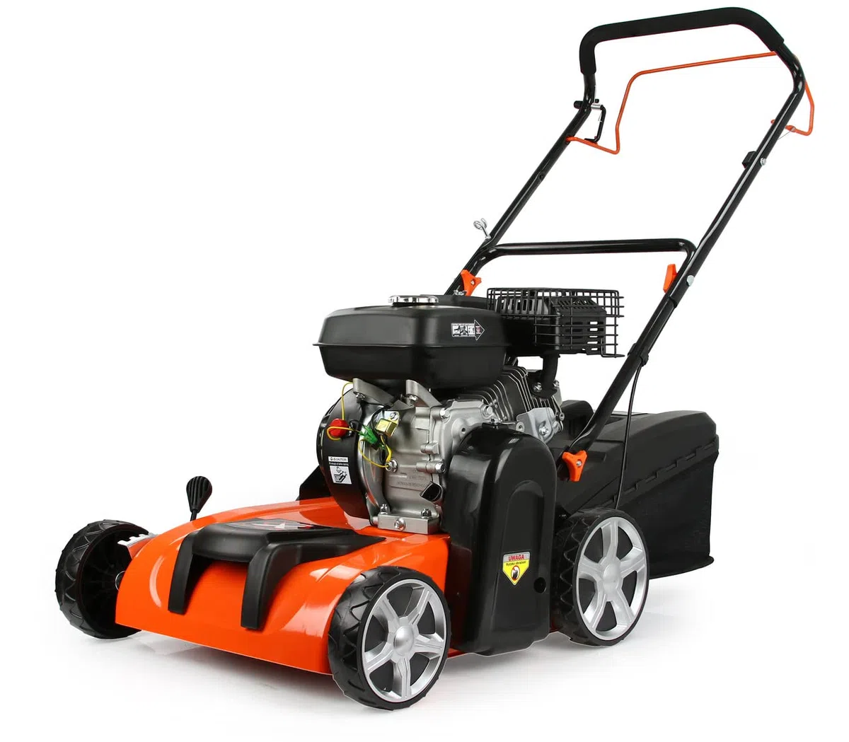 IMJ-Global Arieggiatore 3 in 1 Scarificatore 5 CV a Scoppio 196cc 3,8kW Motore 4 Tempi Benzina per Prato | 2 Rulli Intercambiabili | 8 Livelli di Regolazione in Altezza| Cestello Incluso