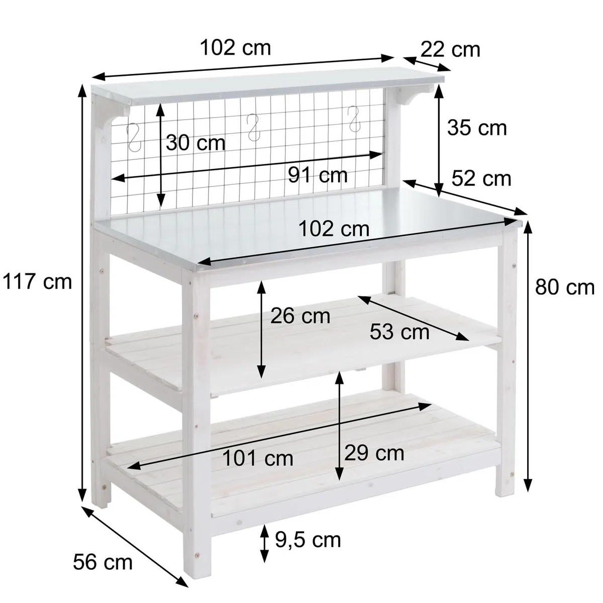 Mendler Tavolo giardinaggio piante HWC-N55, scaffale per fiori, piano zincato legno certificato MVG, 117x102x56cm - bianco
