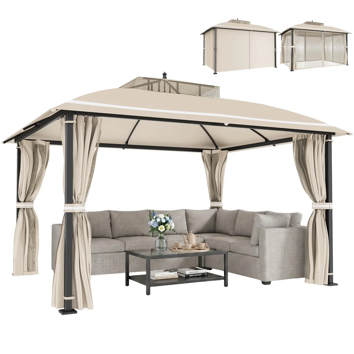 Outsunny Gazebo da Giardino 3.7x3m con Zanzariere, Doppio Tetto, Fori di Drenaggio e Pareti Laterali, Gazebo da Esterno in Metallo e Poliestere, per Giardino, Feste, Campeggio, Protezione UV, Beige