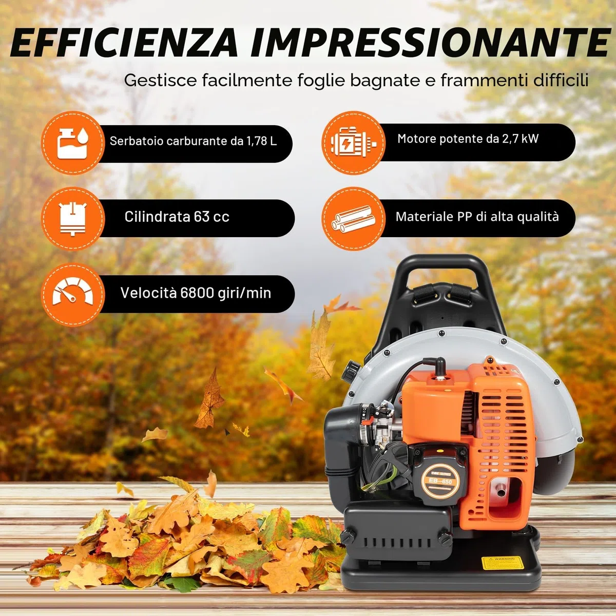 Soffiatore a benzina da 65 CC, 2 tempi Soffiatore Scoppio, 3,6 CV, soffiatore ad aria, per soffiare foglie, sabbia, ghiaia e neve.