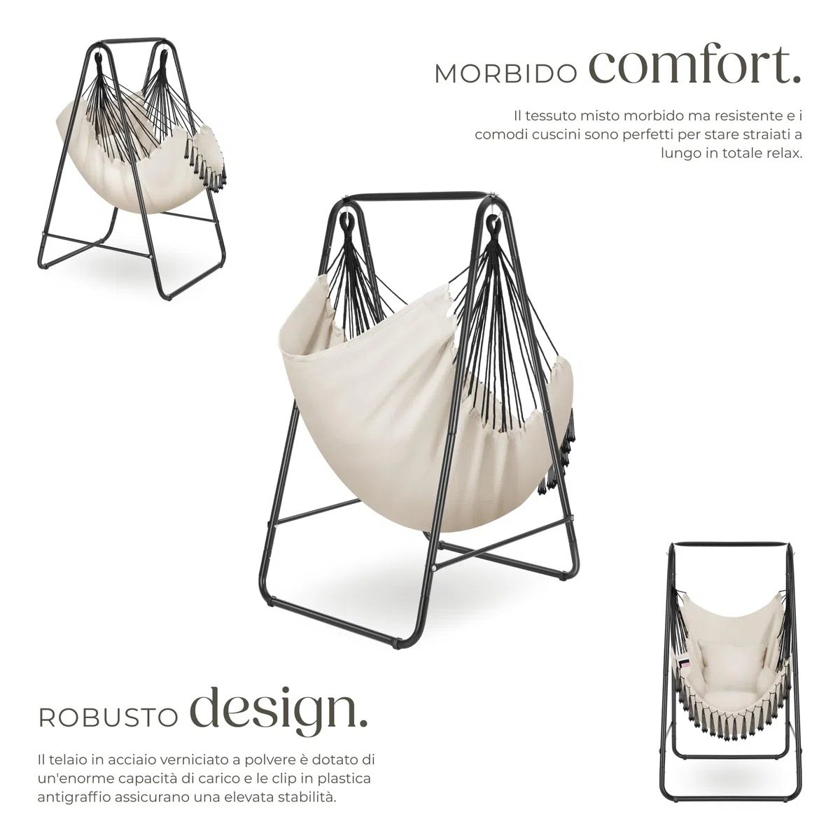 tectake® Poltrona Sospesa Boho con Cuscini, Tasca Laterale, Tessuto Misto Cotone-Poliestere, Telaio in Acciaio, Capacità 160 kg, Arredamento Casa e Giardino, per Interni ed Esterni - Beige