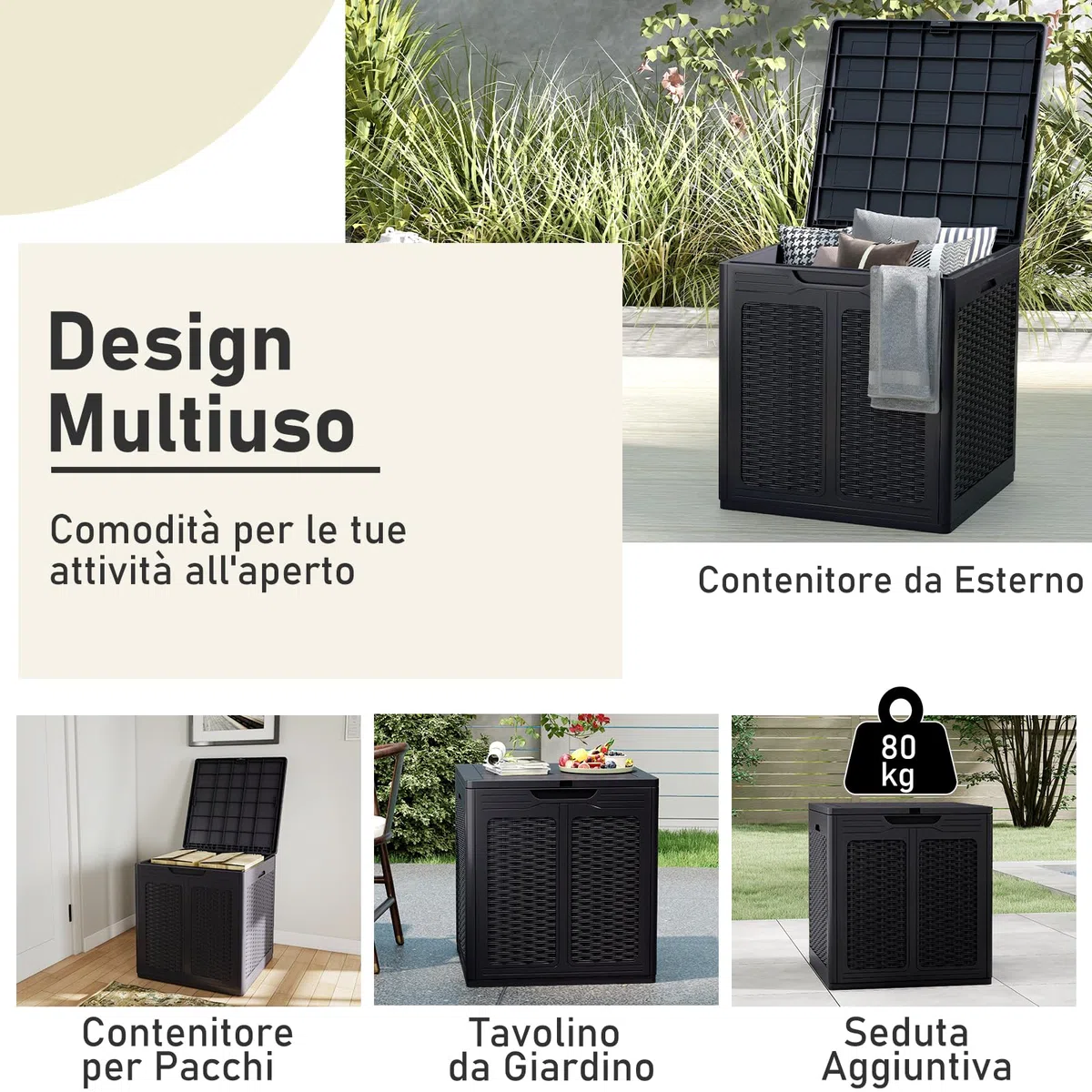 RELAX4LIFE 145 L Cassapanca Baule da Esterno in Rattan, in PP Impermeabile con Coperchio Bloccatore, Maniglie Laterali, Cassa per Conservazione Patio per Pacchi, Attrezzi, Cuscini (NERO)