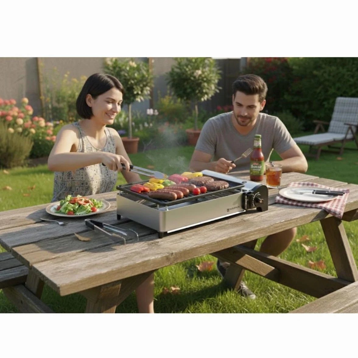 Kemper - Barbecue a gas portatile da 1900 W, griglia anti aderenza + 8 cartucce gas butano - Piccolo barbecue a gas ideale per campeggio, terrazza, esterno