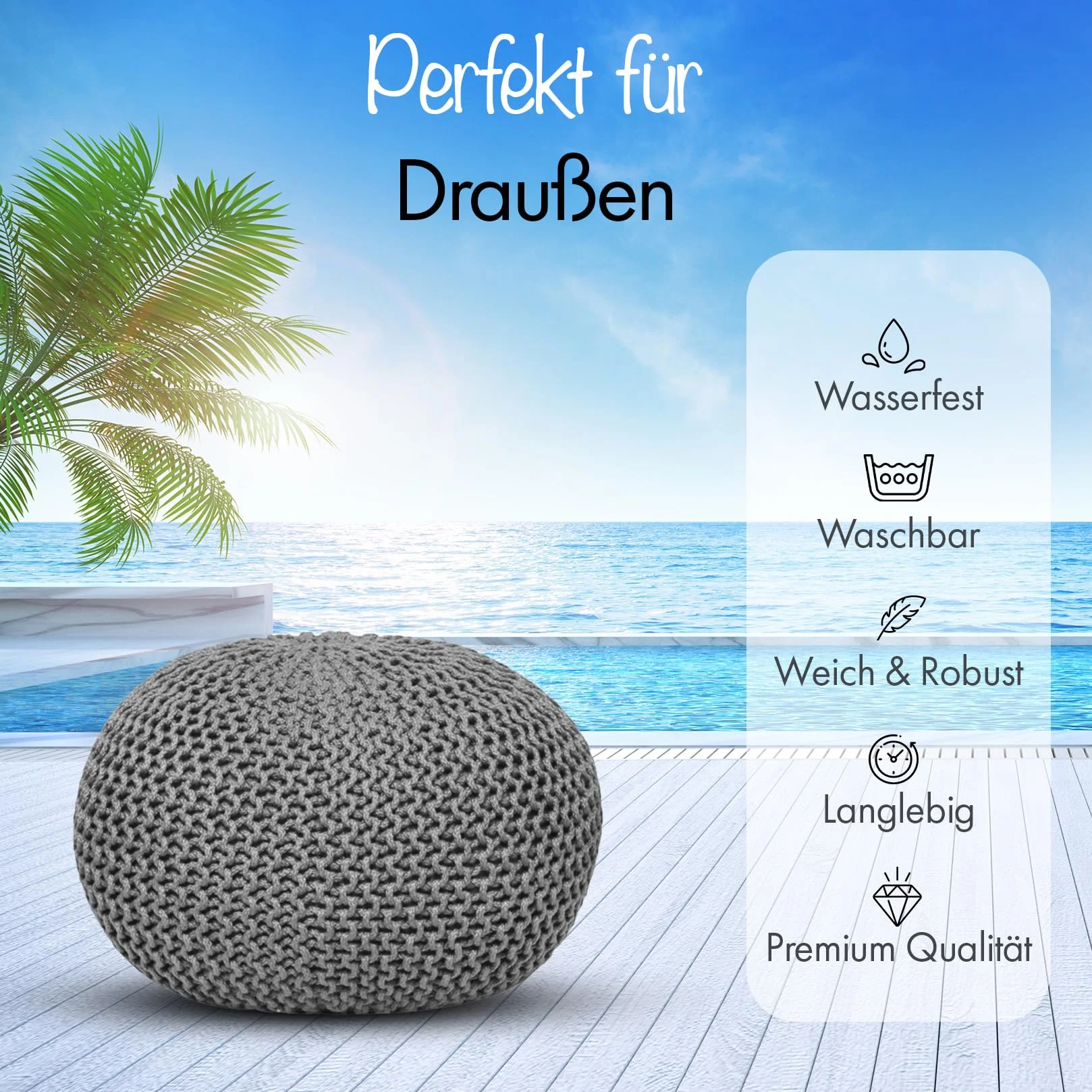 Pouf di alta qualità, impermeabile, Ø 55 cm o 45 cm, pouf per interni ed esterni, effetto maglia grossa, per giardino, terrazza, piscina, 100% plastica riciclata (grigio argento, Ø 55 cm)