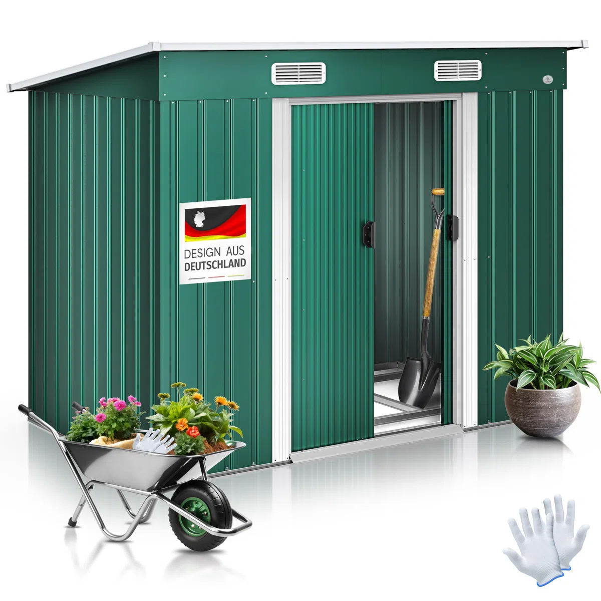 KESSER - Casetta per attrezzi L in metallo, 4 m³ con fondazione | 210 x 132 x 186 cm | 2 porte scorrevoli e fondazione | capanno attrezzi | Armadio da giardino | tetto spiovente capannone giardino