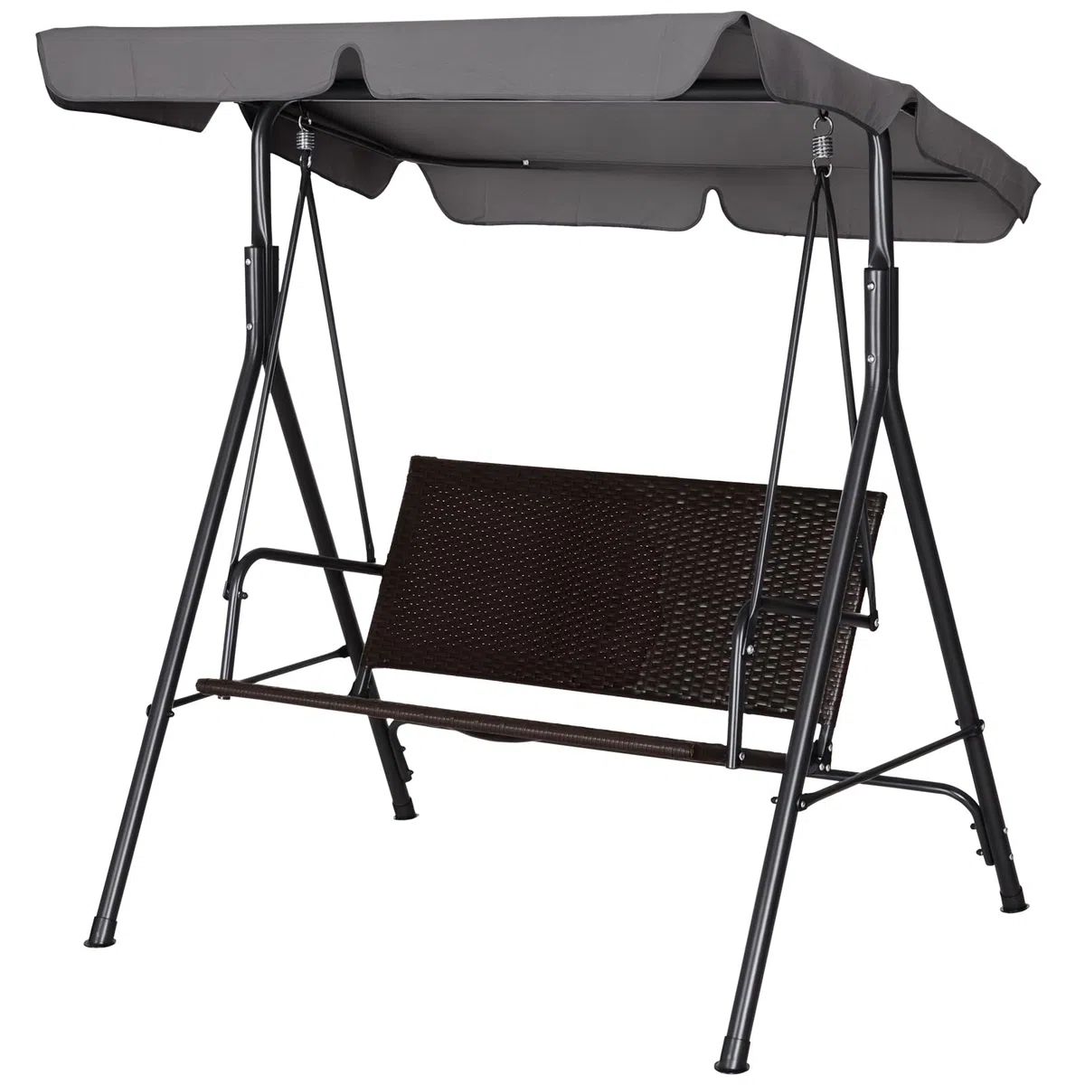 Outsunny Dondolo da Giardino 2 Posti in Rattan con Tettuccio Parasole Regolabile, Dondolo da Esterno con Struttura in Acciaio, Portata 180 kg, 140x110x151 cm, Marrone e Grigio