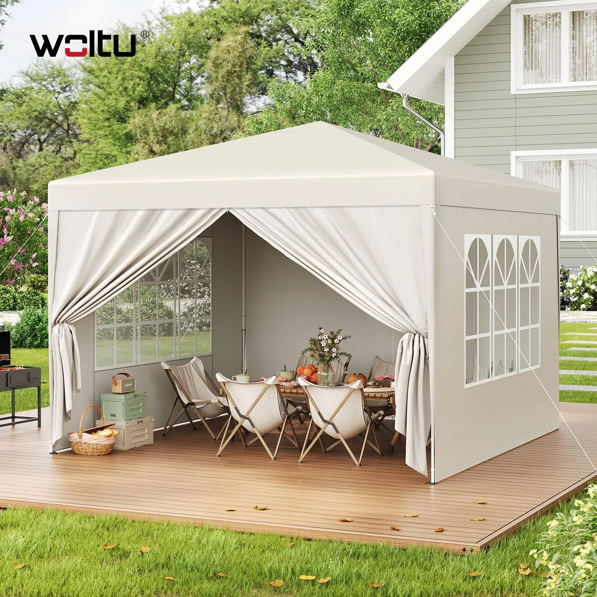 WOLTU Gazebo da Giardino Richiudibile 3x3m Gazebo da Esterno Ferro Regolabile in Altezza Tendone Pieghevole con Telo Impermeabile, Protezione Solare, Facile Montare Beige