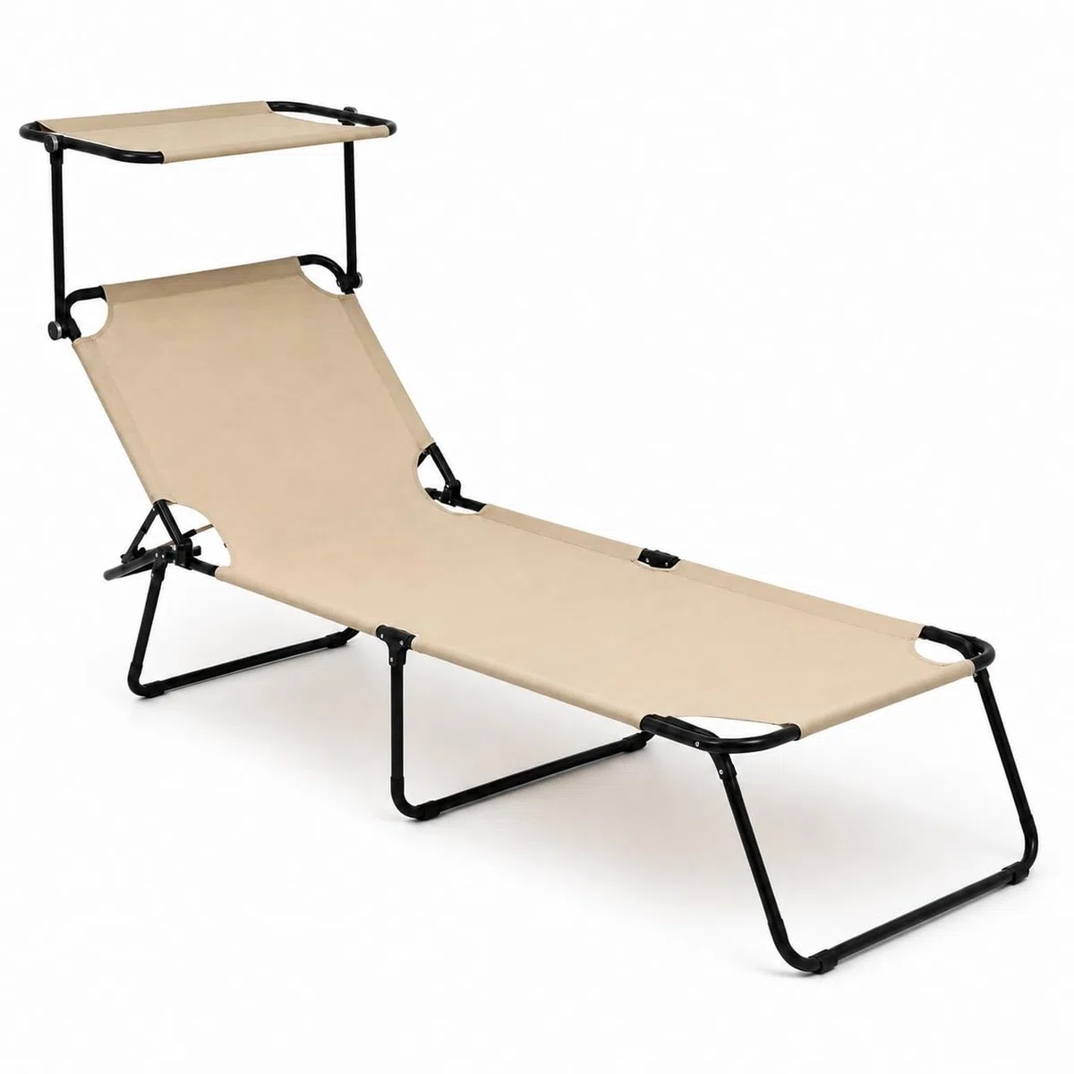 Lettino Pieghevole Con Tettuccio Regolabile Prendisole Parasole Schienale Reclinabile Regolabile Struttura In Metallo Nero Sedia Sdraio Per Spiaggia Mare Giardino Piscina 187 x 53 x 24 Cm (Beige)