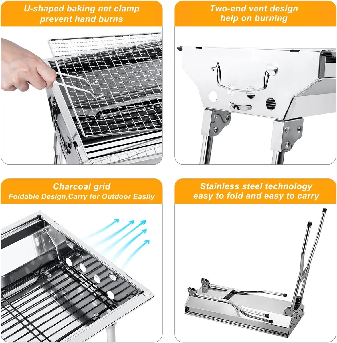 Oceano Barbecue a carbone in acciaio inox bracere richiudibile in metallo portatile bbq da esterno griglia per giardino pic-nic campeggio escursione gita (33x73x71cm + soffiatore + utensili)