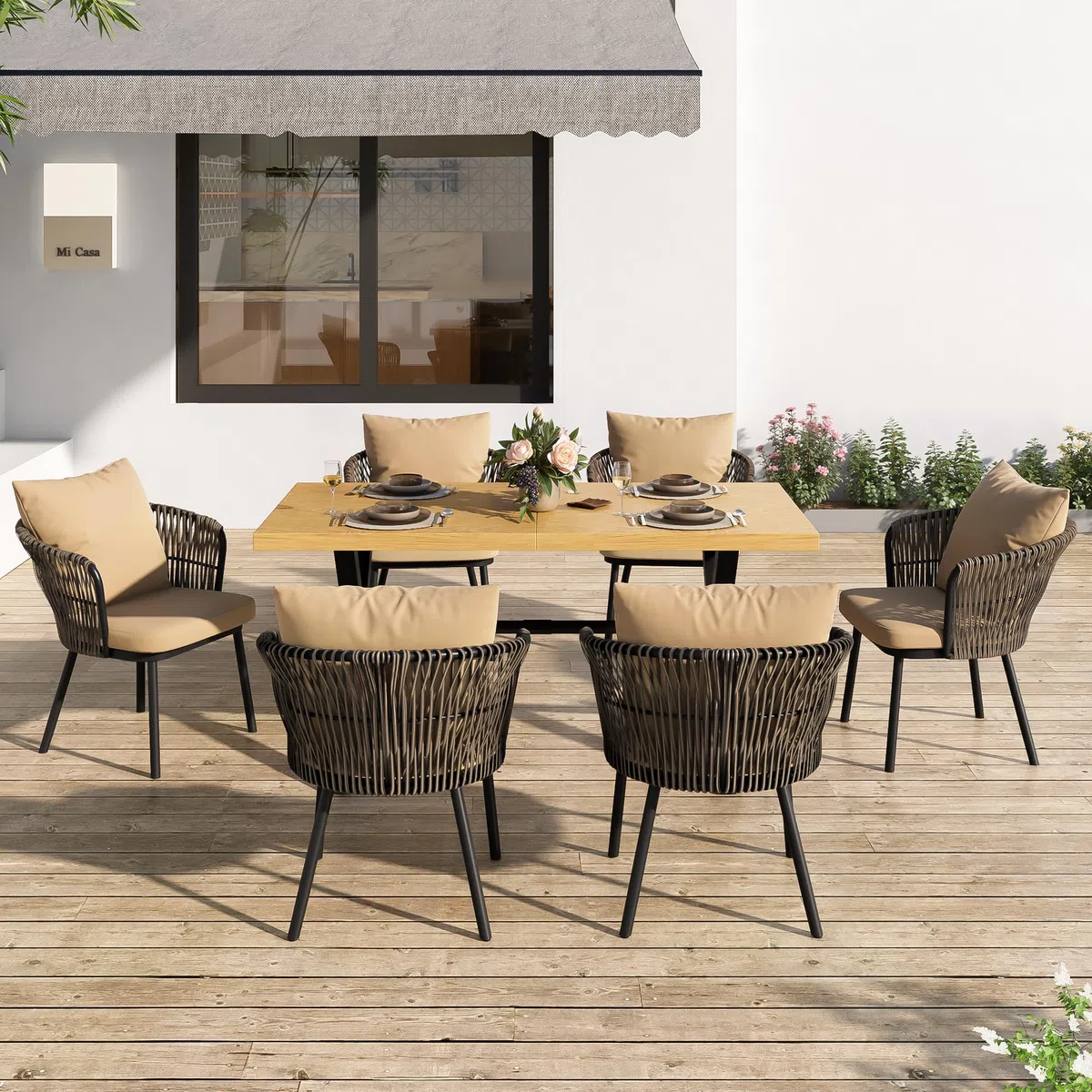 Moderno set da pranzo per esterni, set da giardino in rattan, per il tempo libero e la riunione per più persone, struttura in ferro, intrecciato, cuscino incluso.