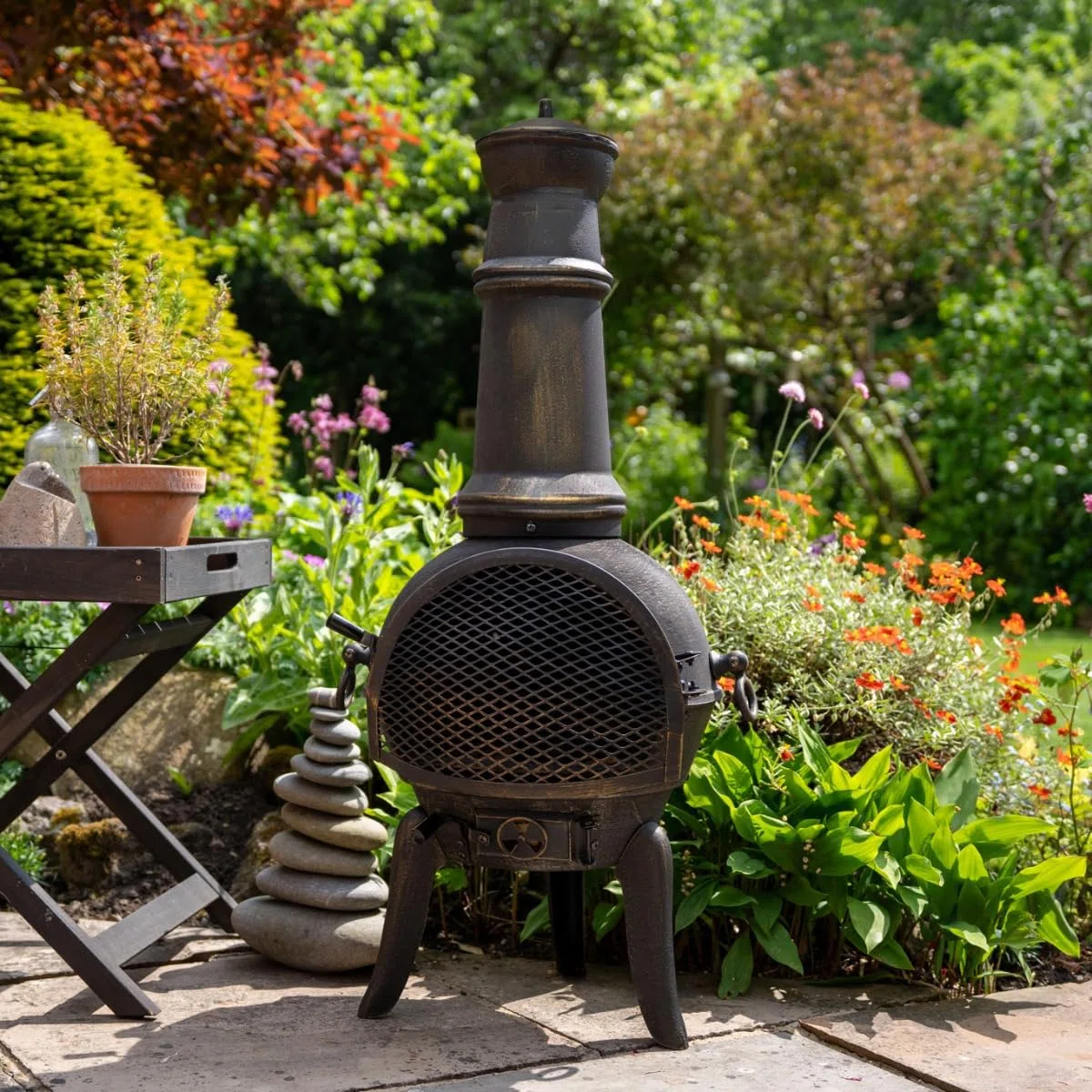 MonsterShop - Caminetto da Giardino Braciere da Esterno Ciminiera con Canna Fumaria e Griglia per Barbecue