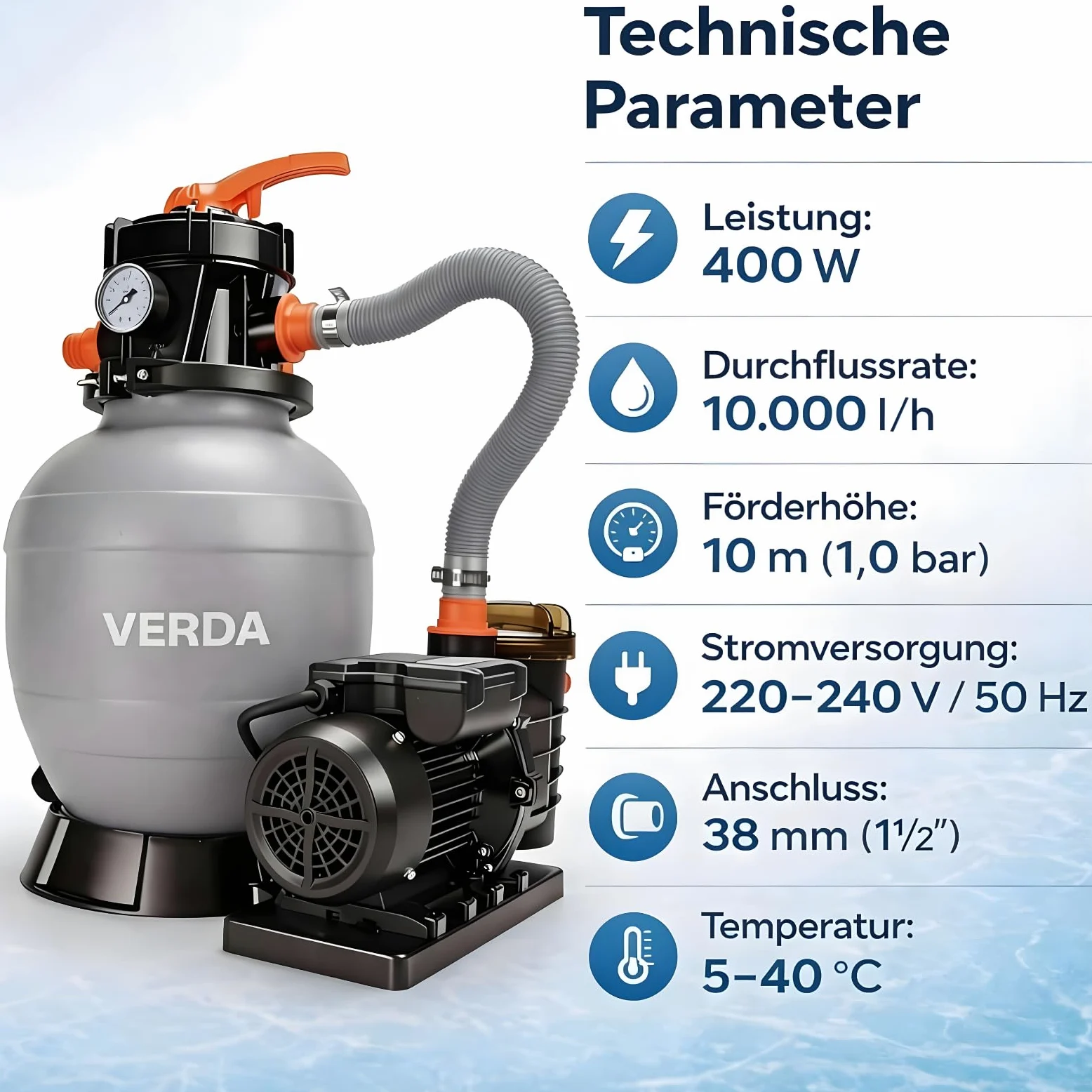 Verda Sistema di filtraggio a sabbia, pompa 10000 l/h, 400 W, con sfere filtranti, 10 m, altezza di mandata 38 mm, attacco 220-240 V, 50 Hz, filtro piscina SN5882