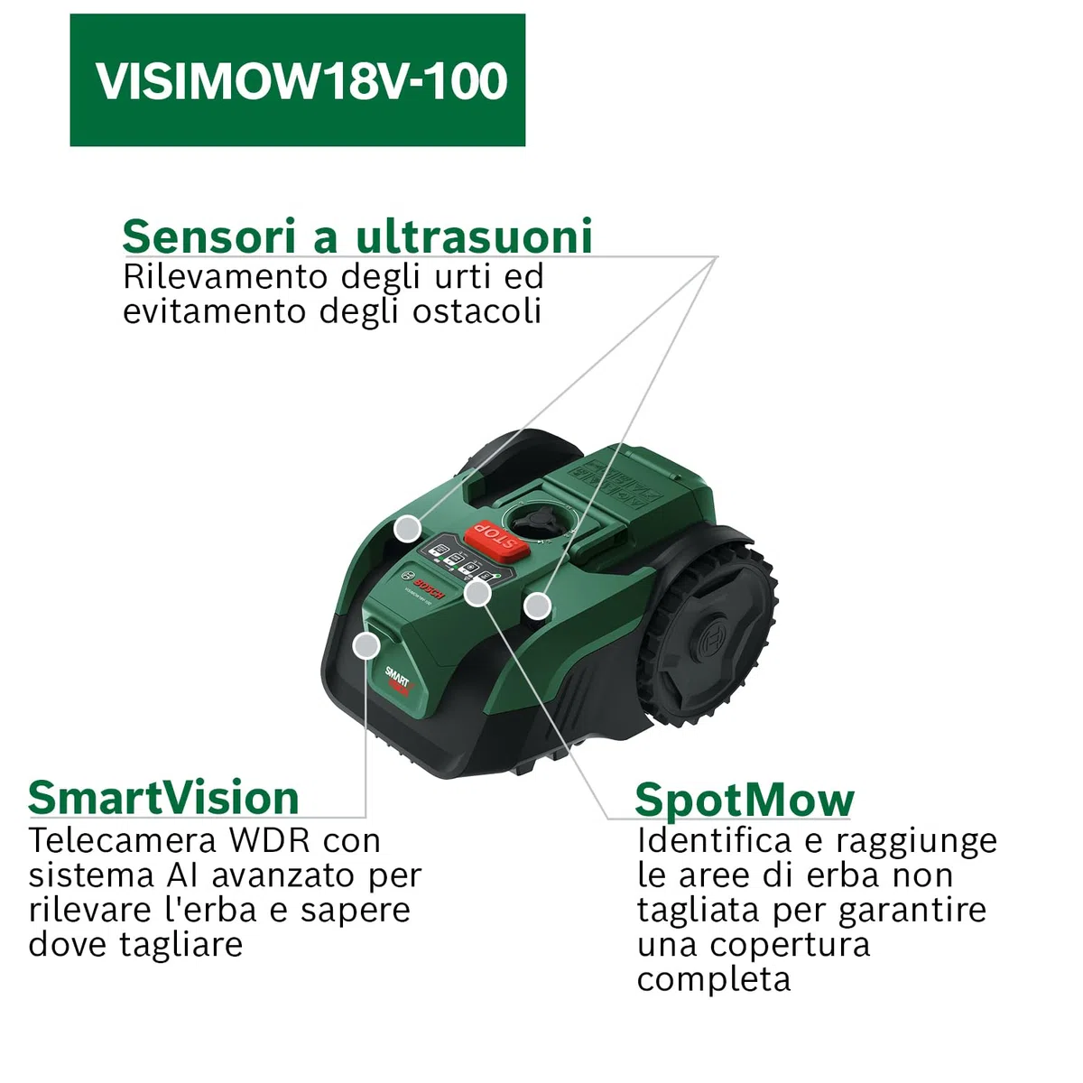 Bosch Robot rasaerba a batteria VISIMOW18V-100 (per prati fino a 100 m², larghezza di taglio: 16 cm, altezza di taglio: 20-60 mm, con lame di ricambio, inclusi batteria e caricabatteria)