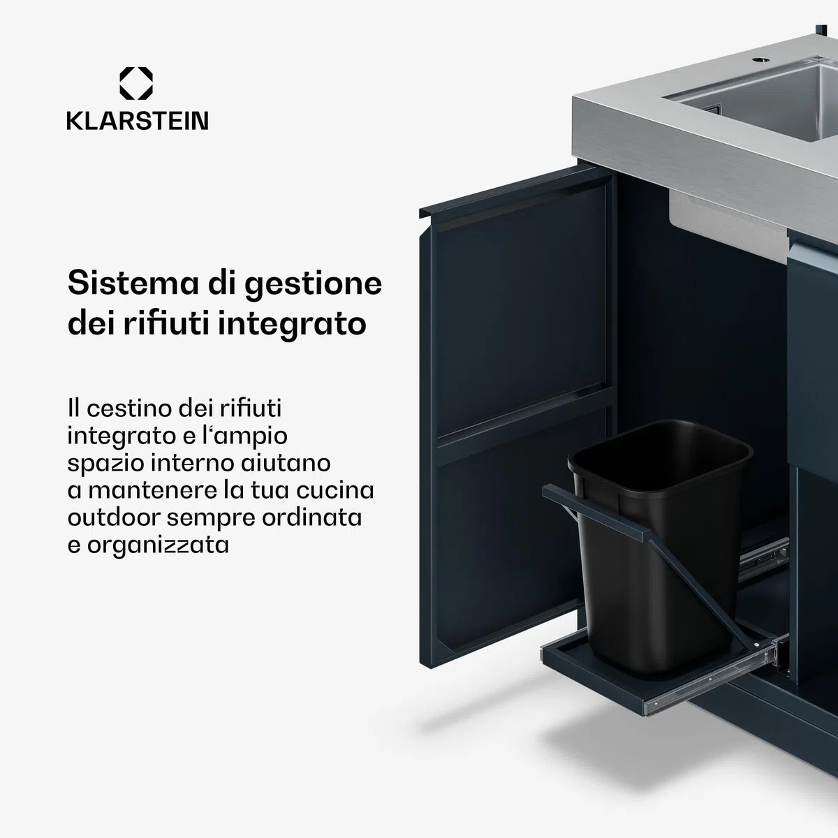 Klarstein WaldChef Mobile con lavello - Mobile per cucine esterne con lavello e piano di lavoro in acciaio inox, acciaio verniciato a polvere, ripiano & cestino estraibile per rifiuti