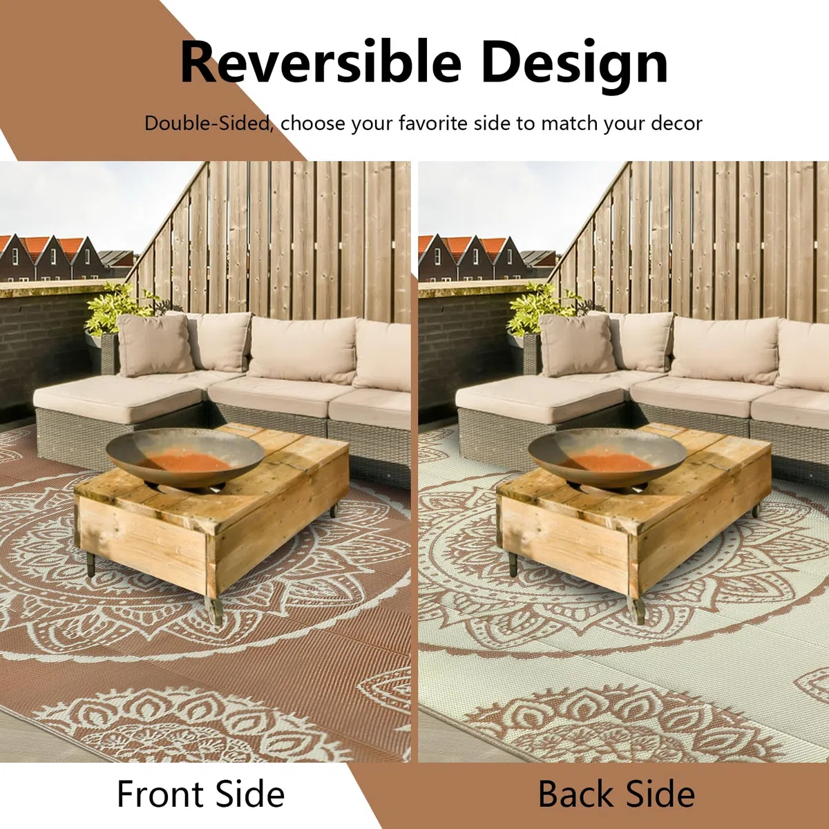 Famibay Tappeto da Esterno Resistente alle Intemperie 270x365cm Reversibile per Campeggio Tappeto da Esterno Impermeabile Beige Marrone in Plastica Ribaltabile Leggero Tappeto da Esterno per Terrazza