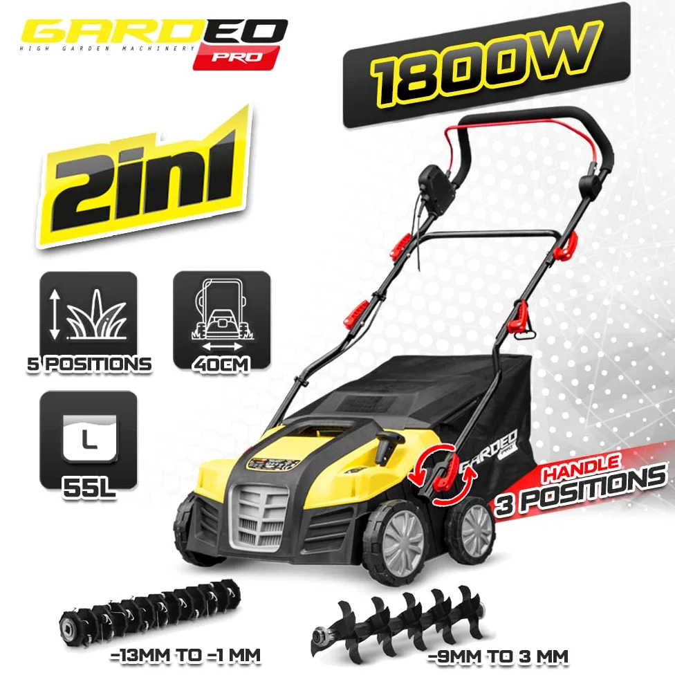 GARDEO GSCEE1802B4W - Scarificatore arieggiatore elettrico 1800W, larghezza area di lavoro 40 cm. Garanzia 3 anni