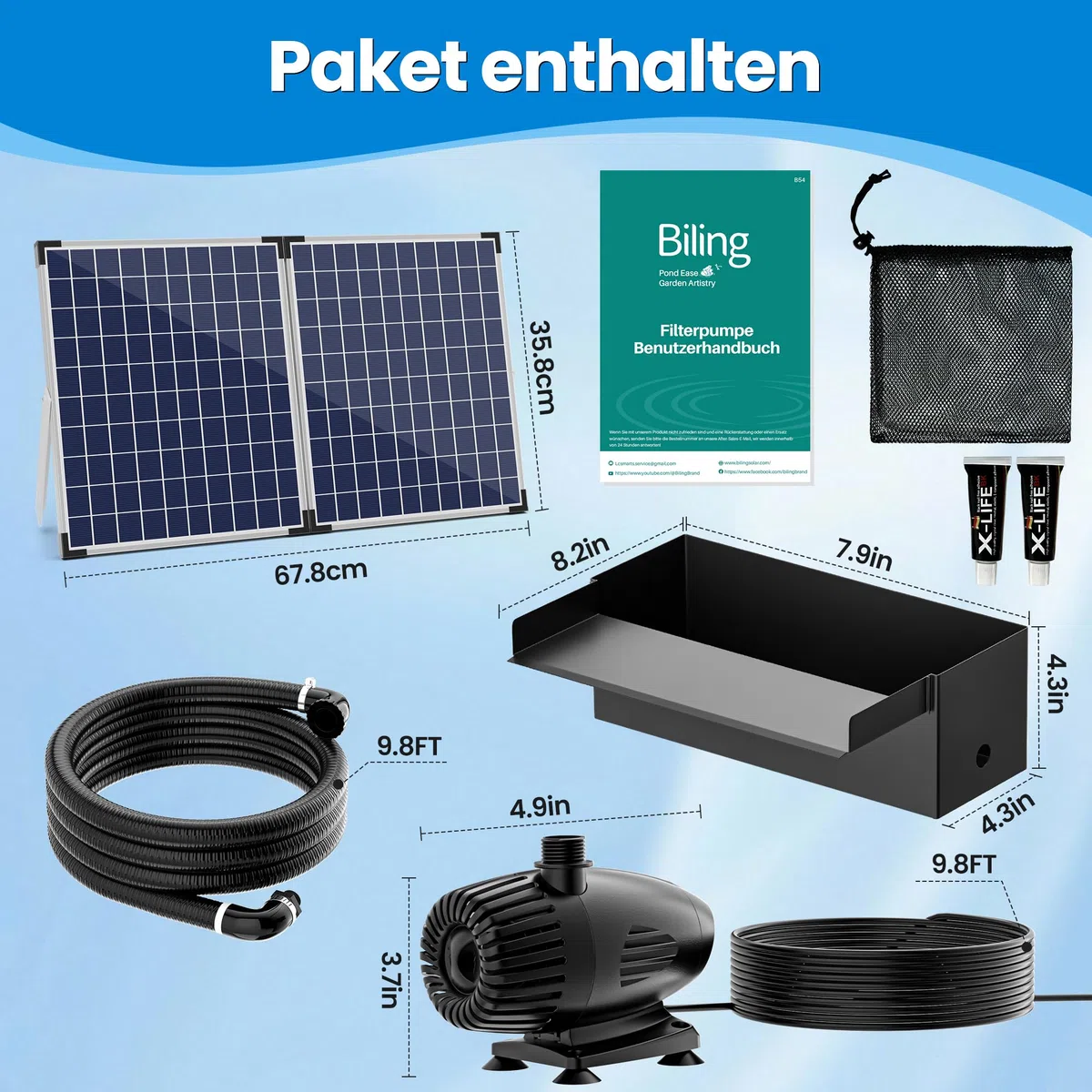 Biling Set di cascate per laghetto a energia solare, 70 W, 30 cm, in acciaio inox, a cascata e a tubo durevole, decorazione per laghetto, piscina, ruscello, laghetto da giardino, terrazza, fai da te