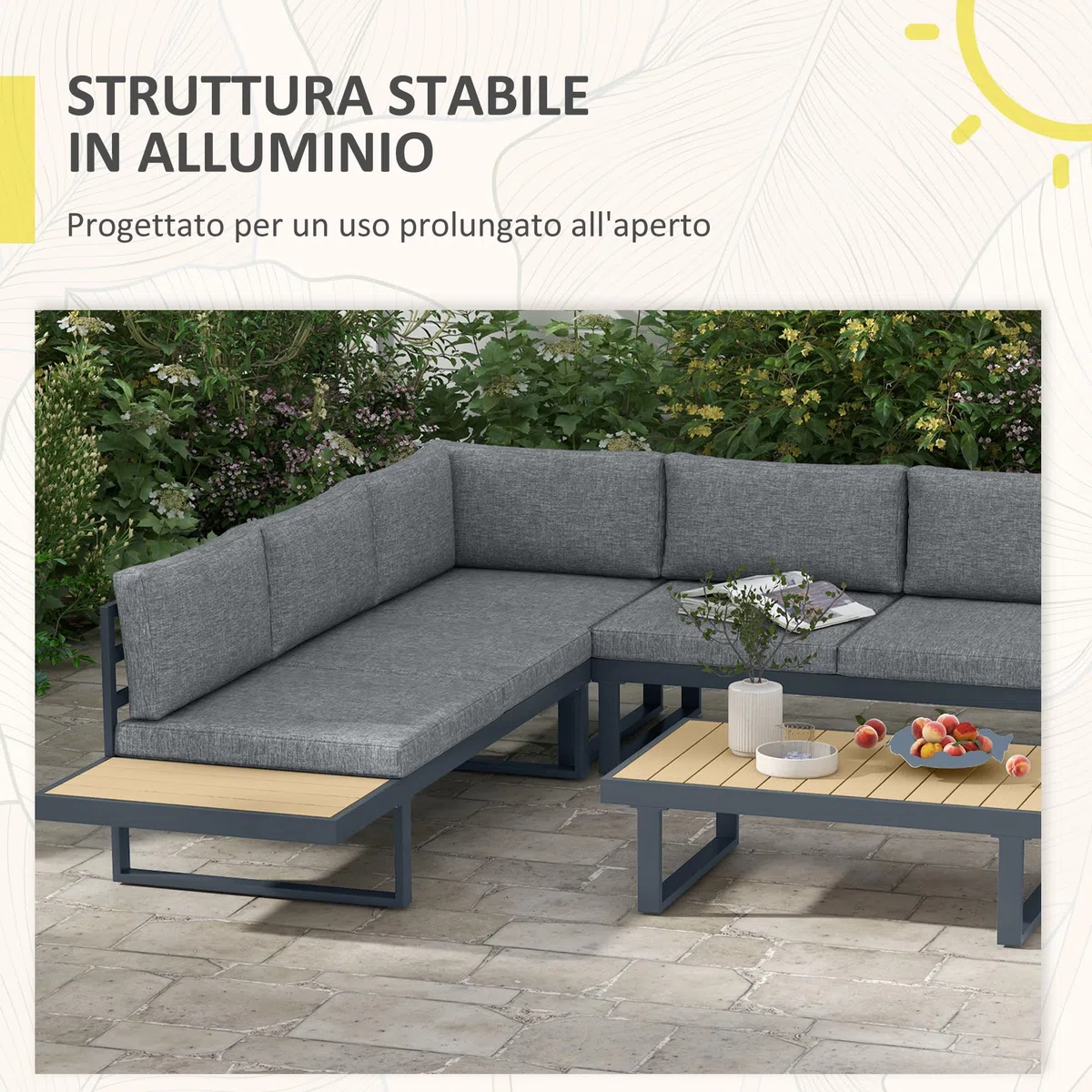 Outsunny Set da Giardino 4 Pezzi in Alluminio e Poliestere, Set da Esterno con 2 Divanetti 163x70x64 cm, Poltrona Angolare 70x70x64 cm e Tavolino da Caffè 102x60x30 cm, Grigio Scuro e Teak