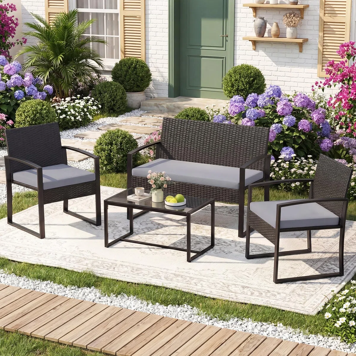 COSTWAY Set Salotto da Giardino a 4 Pezzi, Divanetto in Rattan con 2 Poltrone Ergonomiche e Tavolino con Piano in Vetro Temperato, Set Mobili da Esterno con Cuscini per Balcone e Patio (Grigio)
