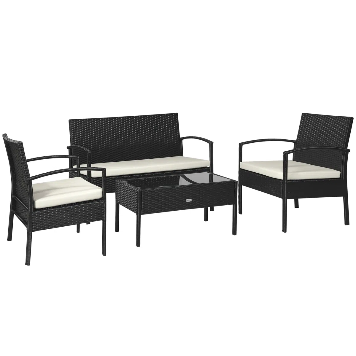 Outsunny Set da Giardino 4 Pezzi in Rattan PE, Salotto da Giardino con Tavolino da Giardino 75x40x38 cm, 2 Poltroncine 57x60x77 cm e Divano 2 posti 108x60x77 cm, Nero e Crema
