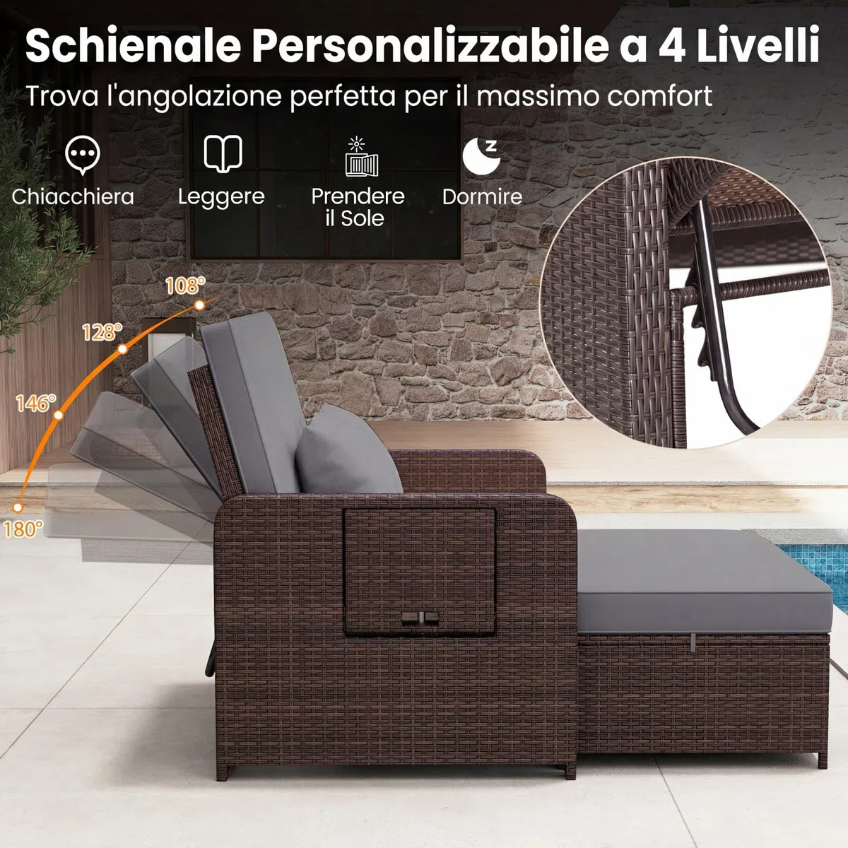 COSTWAY Lettino Prendisole da Giardino per 2 Persone, Divano con Panca Contenitore e Cuscino con Schienale Regolabile a 4 Livelli e Vassoi Laterali Estraibili per Balcone (Marrone screziato-Grigio)