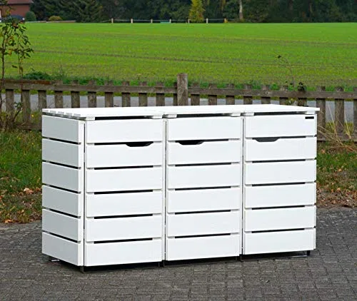 Set di 3 contenitori per bidoni della spazzatura, 120 l, in legno, colore: bianco