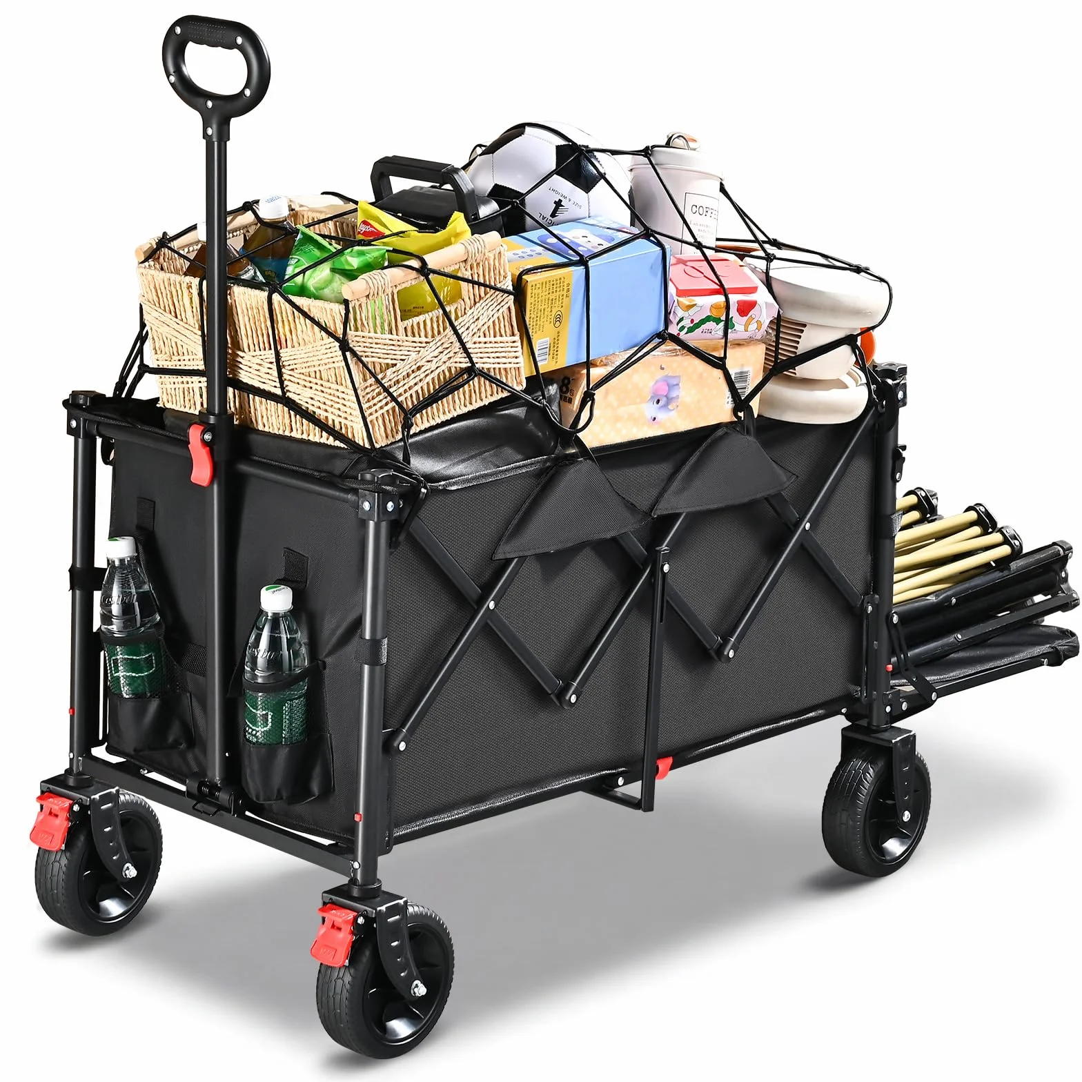YEAUPE PRO Carrello Spiaggia, Carrello Pieghevole con Ruote – Doppi freni ant., ruote grandi, manico reg., post. aprib. oggetti lunghi – per campeggio/spiaggia, 160-240L, Nero Lucido