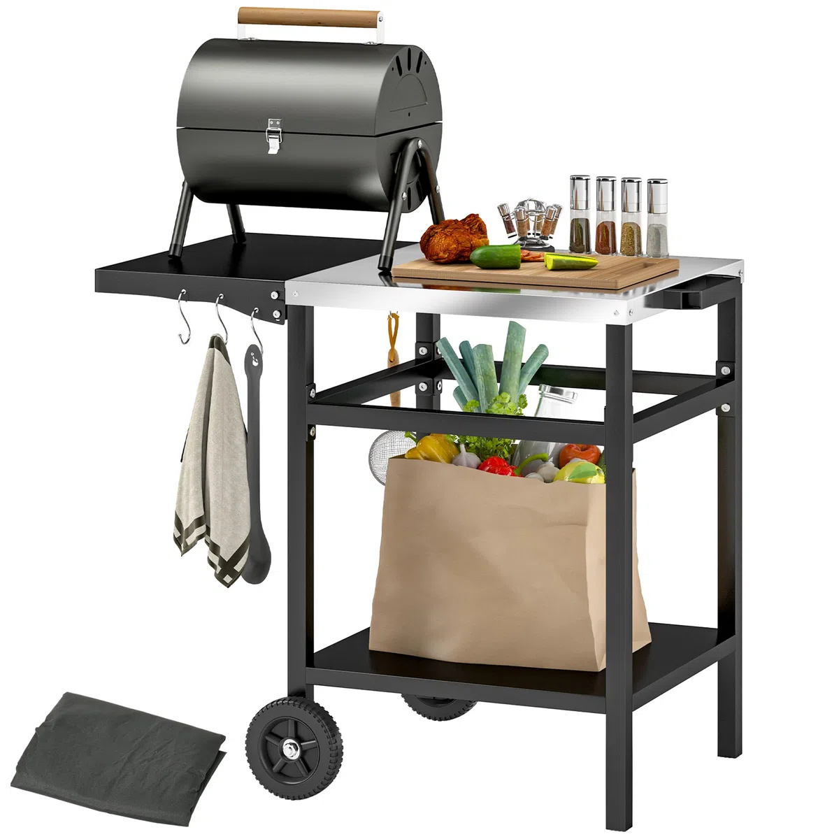 Outsunny Carrello Barbecue con Piano in Acciaio Inox e Ripiano Richiudibile, Tavolo Cucina da Esterno per Forno Pizza con Ruote, Maniglia, 6 Ganci e Copertura di Protezione, 91x58x76 cm, Nero