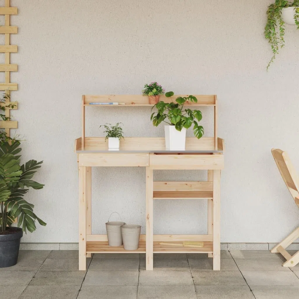 Rantry Tavolo per piante da giardino, tavolo da giardinaggio, in legno massiccio, con ripiani e cassetto, tavolo da lavoro da giardino, piano di lavoro zincato, in legno massello di abete