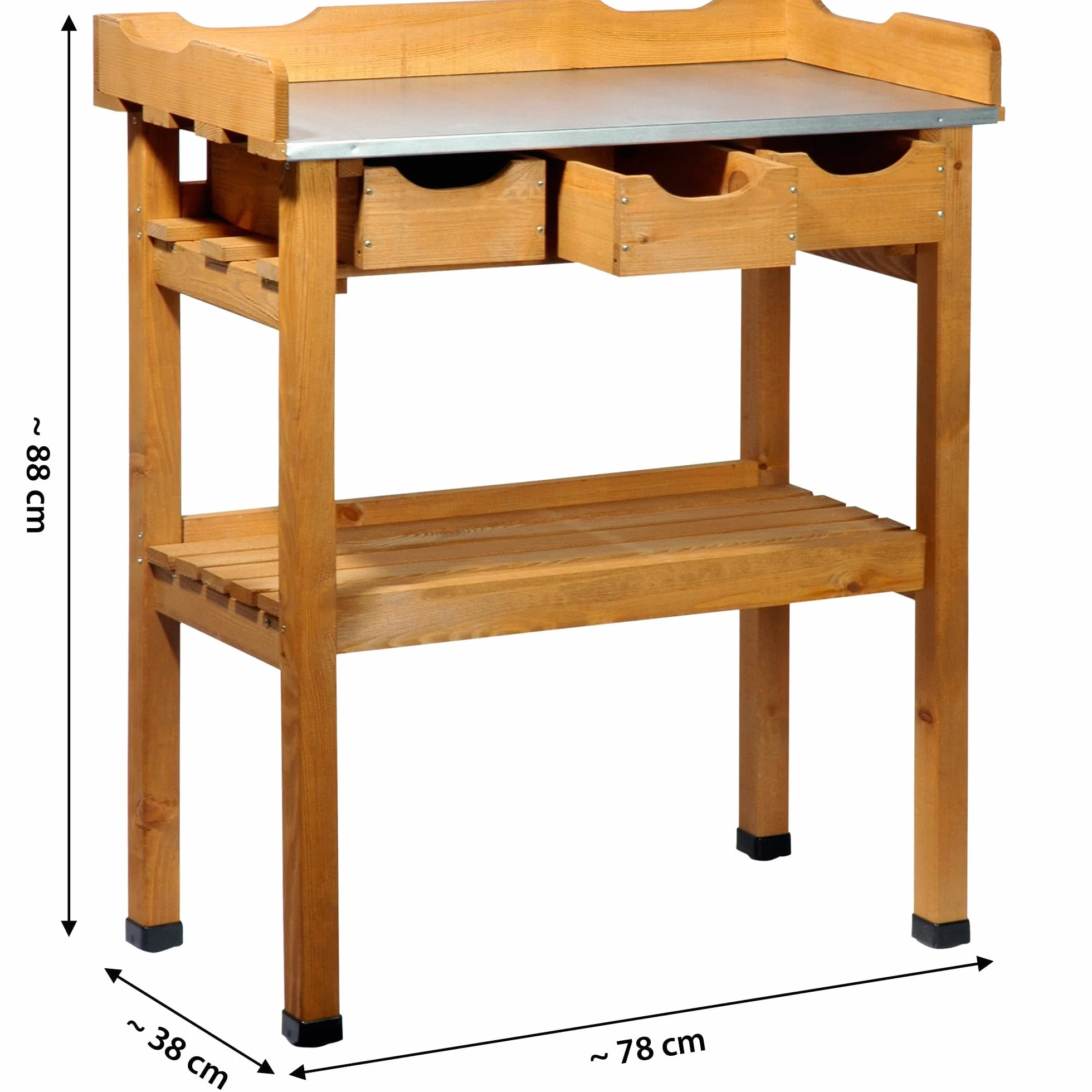 dobar 29030e Tavolo Pratico piantare con 3 cassetti e 2 Ripiani in Legno di Pino impregnato, 80 x 40 x 90 cm