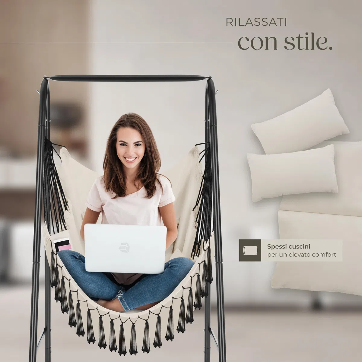 tectake® Poltrona Sospesa Boho con Cuscini, Tasca Laterale, Tessuto Misto Cotone-Poliestere, Telaio in Acciaio, Capacità 160 kg, Arredamento Casa e Giardino, per Interni ed Esterni - Beige