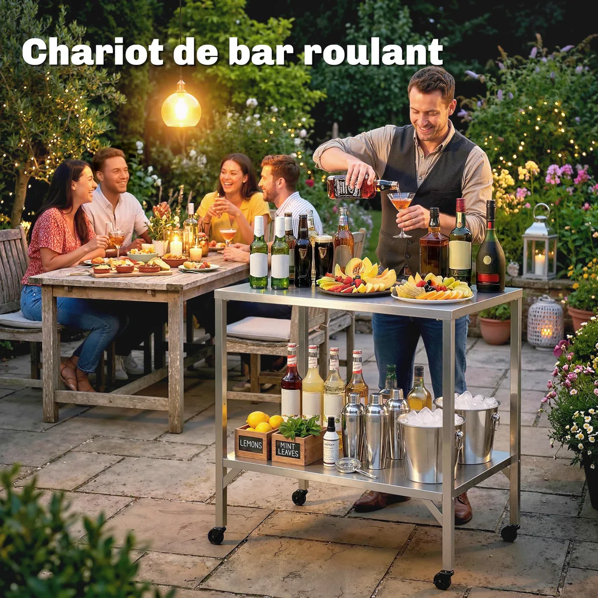 Outsunny Carrello per barbecue in acciaio inossidabile, tavolo di preparazione per esterni di 85 x 60 cm, con piano di lavoro e rotelle, dessert da giardino stabile per forno a pizza e griglia