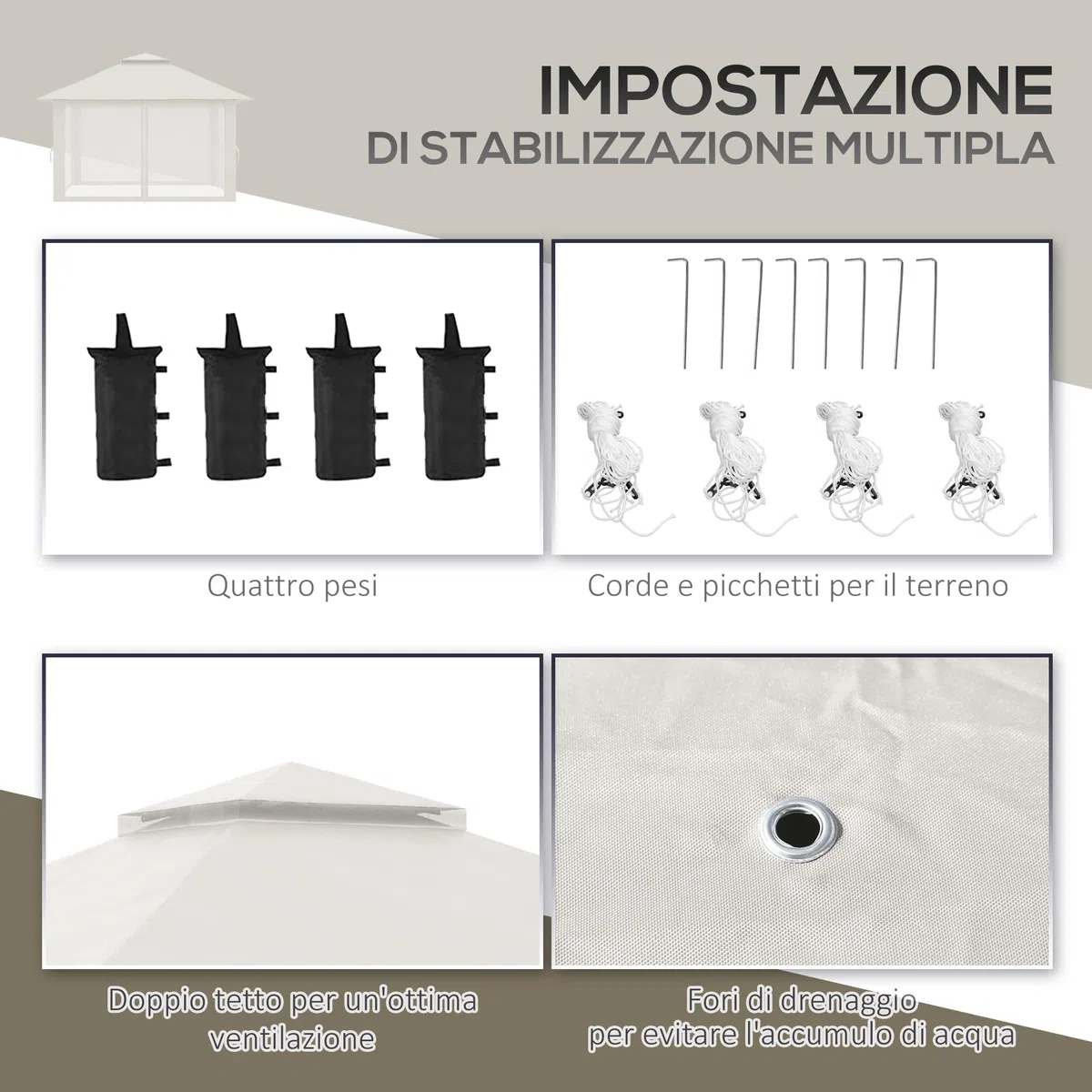 Outsunny Gazebo Pieghevole Pop Up 4x4 m ad Altezza Regolabile a 3 Livelli, Gazebo Esterno con Zanzariera, Sacchi di Sabbia, Borsa da Trasporto, UV50+, per Giardino Campeggio Feste, Crema