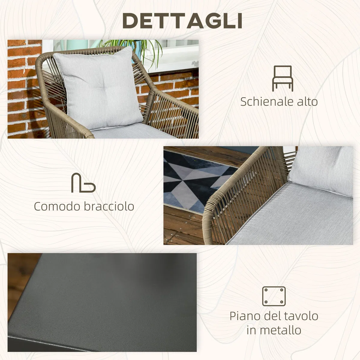 Outsunny Set Tavolino e Sedie da Giardino 3 Pezzi in Rattan PE e Acciaio con 2 Sedie Moderne e 1 Tavolino da Caffè, Grigio